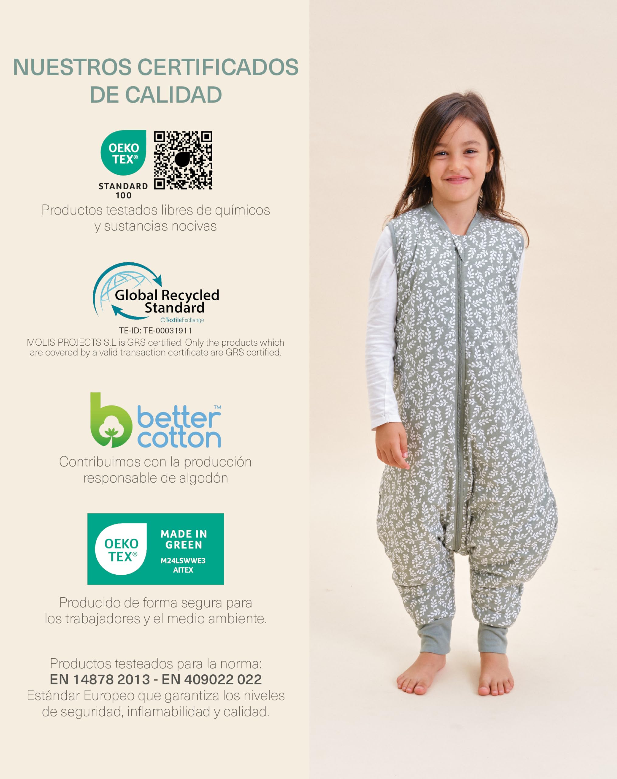 molis&co - Pijama Manta con Pies 2.5 TOG - 70 cm (1 año) - Ideal para Invierno - Suave y cálido - 100% algodón (Oeko-Tex 100) - Green Garden — view 6