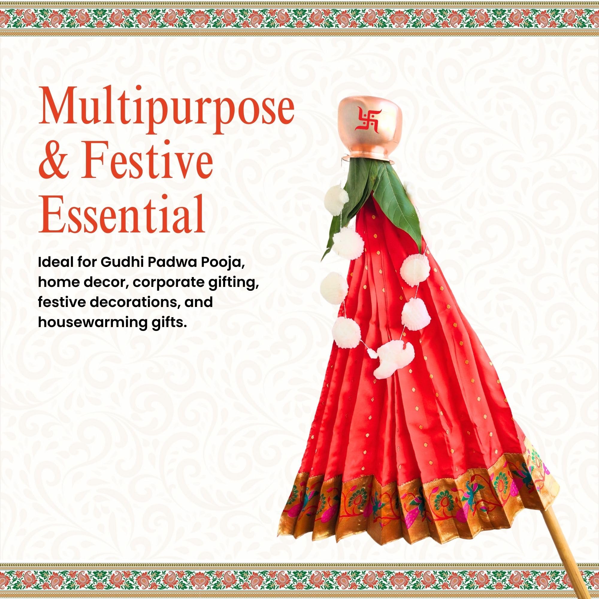 PUNYATVA Gudhi Vastra for Gudhi Padwa Festival (Paithani, Red) | Traditional Maharashtrian Gudi Cover Saree Cloth for GudiPadva | Readymade Ugadi & GudhiPadawa Decoration Pooja Décor 4