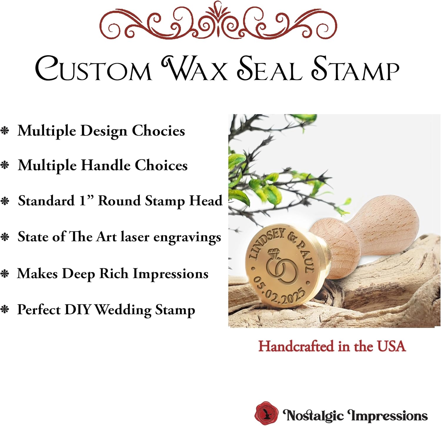 Wedding Custom Monogram Wax Seal Stamp | Personalized Names & Date | USA Handcrafted | Multiple Handle & Wax Color Options