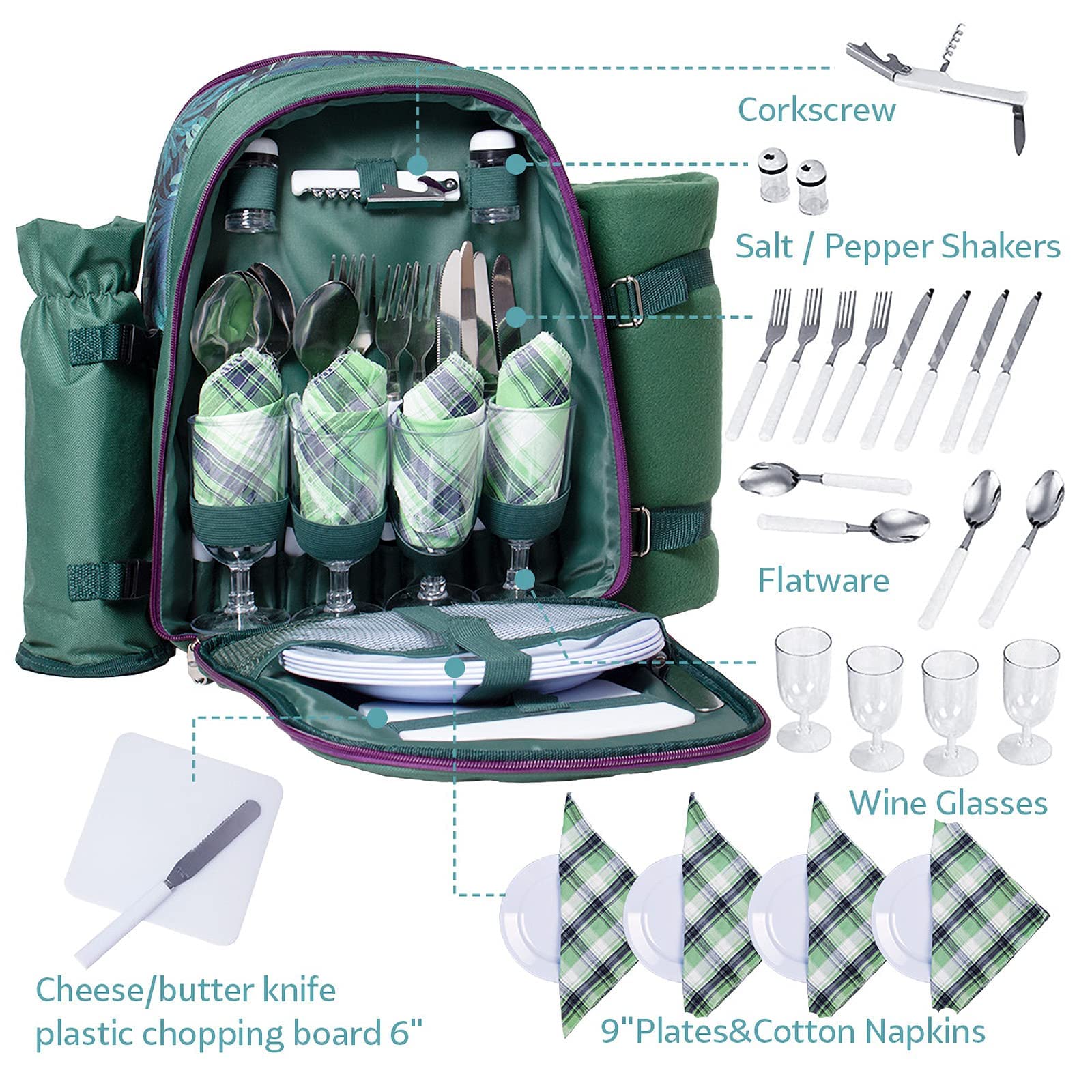 Borsa Termica Zaino Picnic Eono - Set Per 4 Persone Con Stoviglie E Coperta