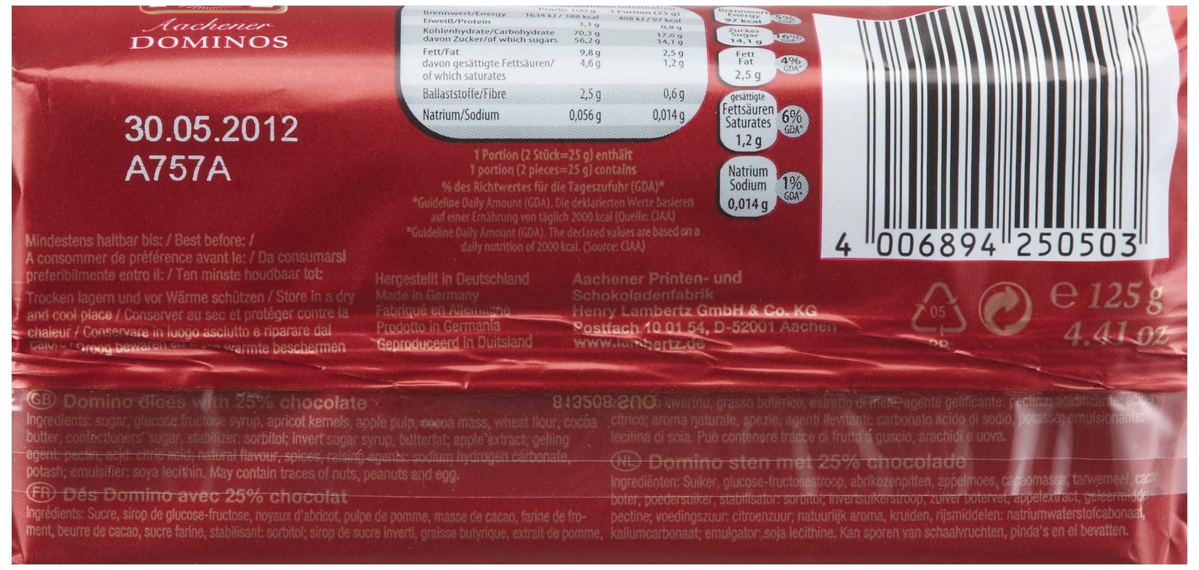 Lambertz Domino Steine Zartbitter, 6er Pack (6 x 125 g)