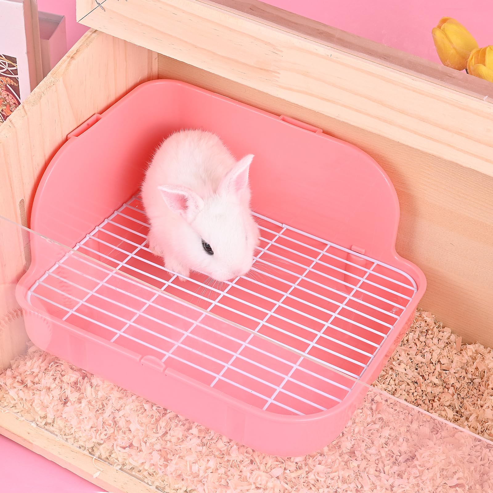 WYOK Caja de arena para conejo, caja de plástico cuadrada para orinal, caja de arena de esquina para animales pequeños, conejos, cobayas, chinchilla, hurones, galesaur, 11.4 pulgadas (rosa)