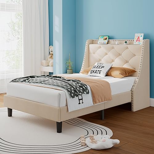 Miniatura 12 de iPormis Marco de Cama Queen con Respaldo Wingback Cómodo de 16" y Estación de Carga, Cama de Plataforma Tapizada con Cabecera de Almacenamiento