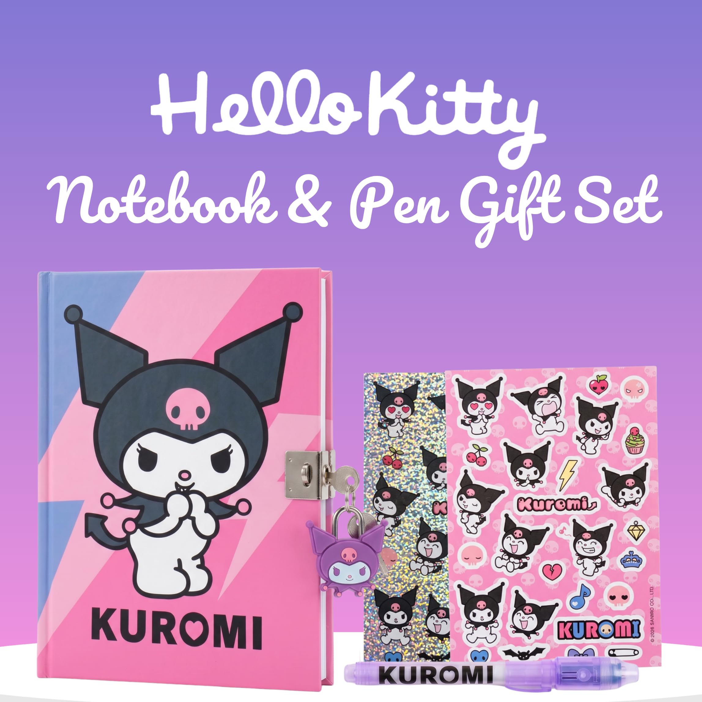 Hello Kitty Kuromi Juego de Papelería para Niñas, Incluye Cuaderno Pegatinas Boligrafo Candado y Llaves, Regalo para Niñas