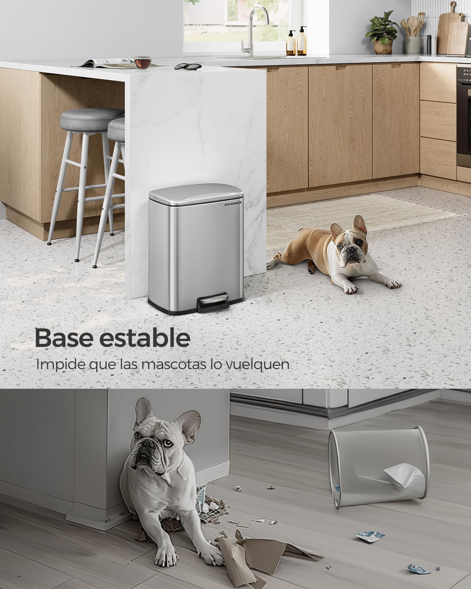SONGMICS Papelera de Cocina, Cubo de Pedal de 20 L, Cubo de Basura, Tapa de Cierre Suave, Permanece Abierta, Cubo Interior, Incluye 15 Bolsas de Basura, Plata Metálico LTB543E01