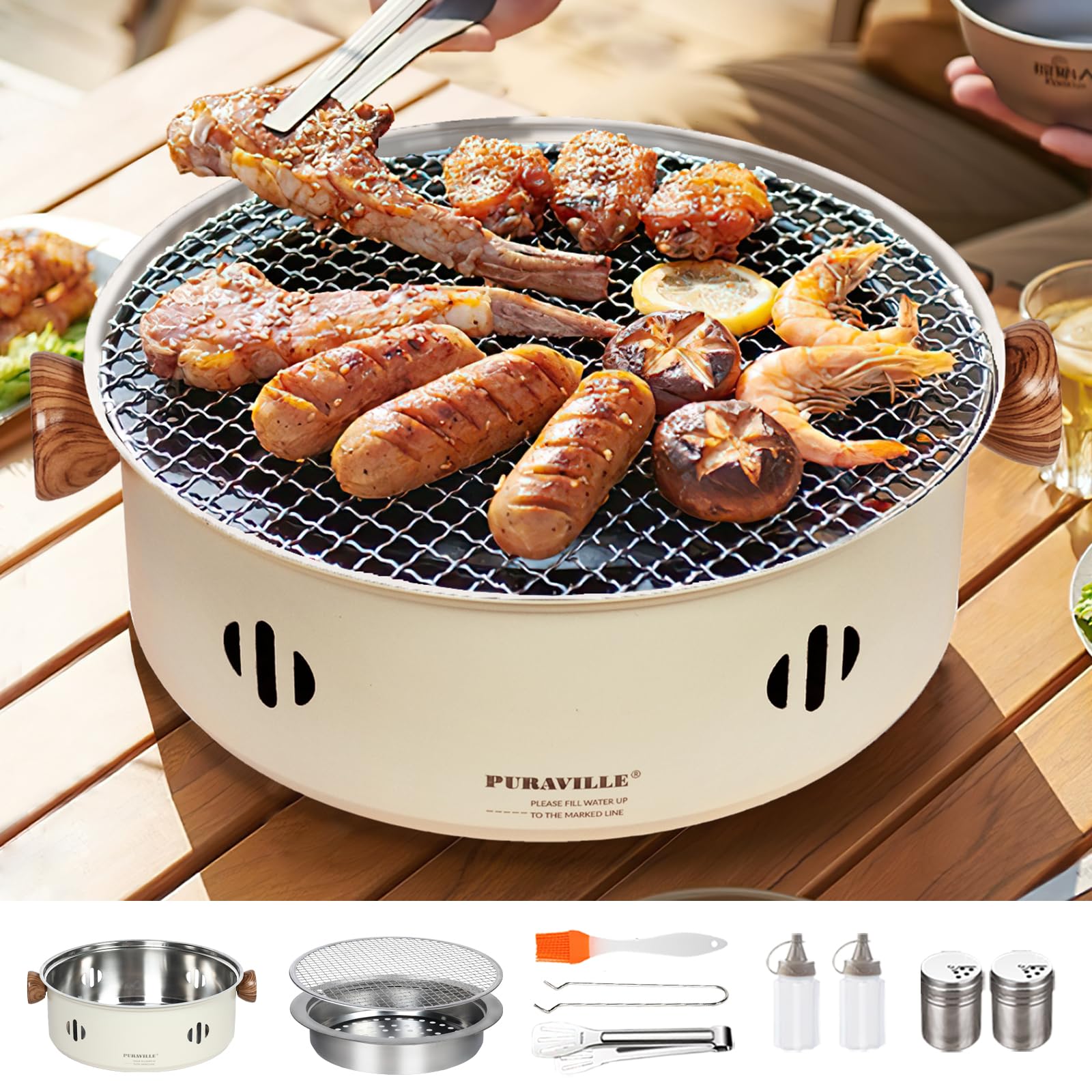 Puraville 12.5-Inch Charcoal BBQ Grill, Portable Tabletop Barbecue Grill for for Outdoors Camping Picnic and Indoor Cooking, Cream