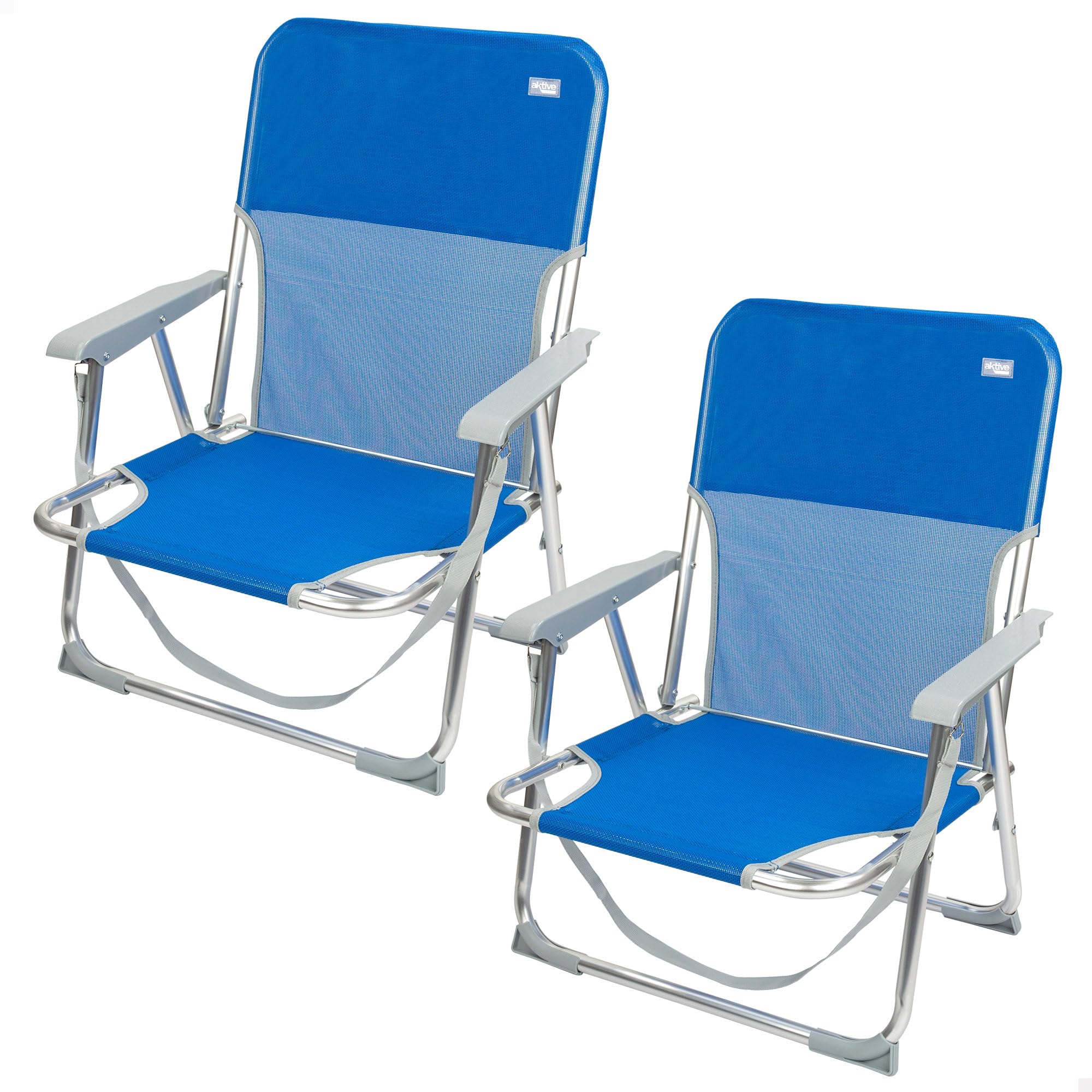 AKTIVE Pack 2 sillas Playa Plegables, Azul, De textileno y Aluminio, Respaldo Fijo, 44x40x72 cm, con asa Hombro y topes antivuelco, Máximo 100 kg, Ligeras y Resistentes, Asiento bajo (85478)