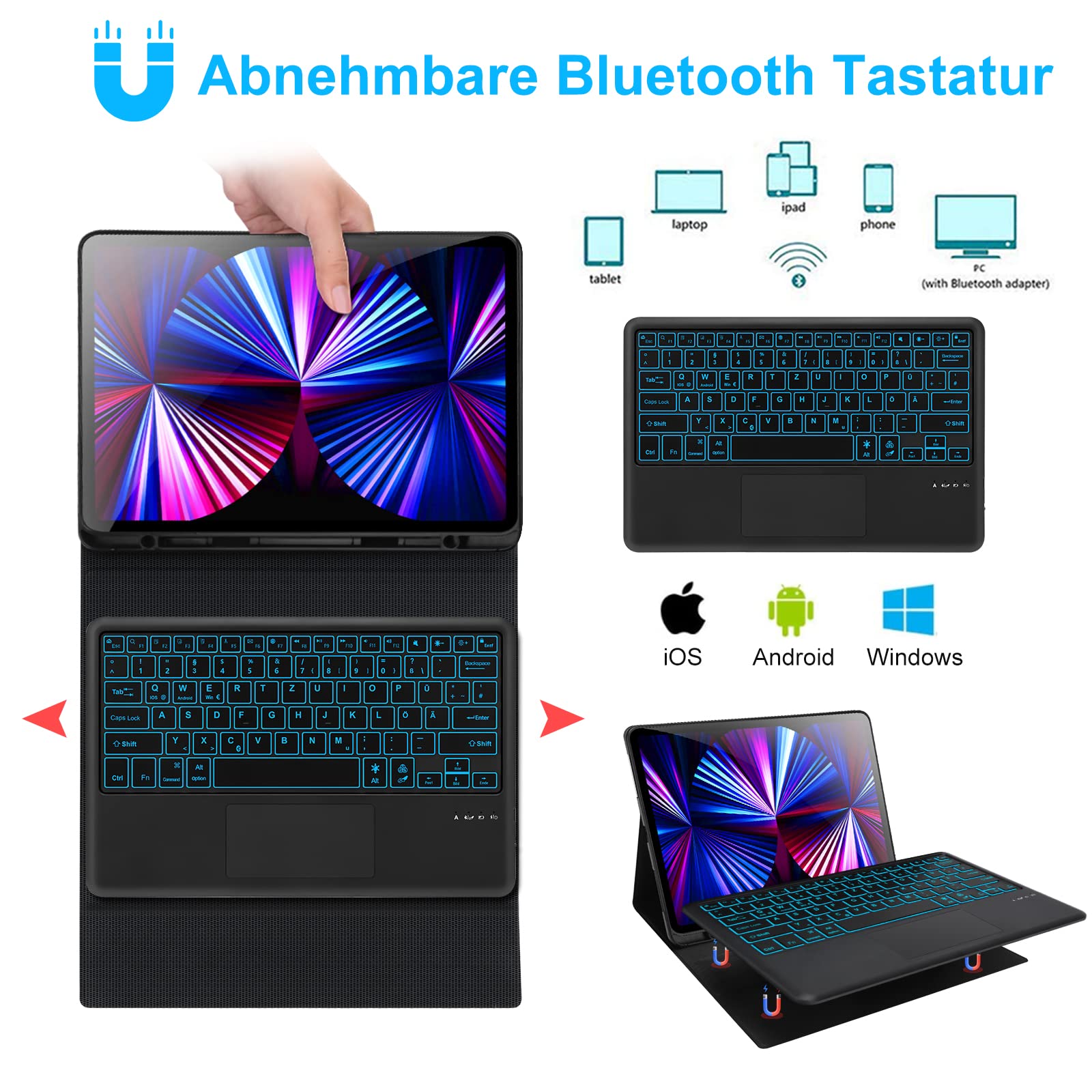 JADEMALL Keyboard Case for iPad 9/8/7 Generation 2021/2020/2018, iPad Pro 10.5, iPad Air 3 Case with Magnetic Bluetooth QWERTZ-German Keyboard, iPad 10.2 Keyboard Cover, Black
