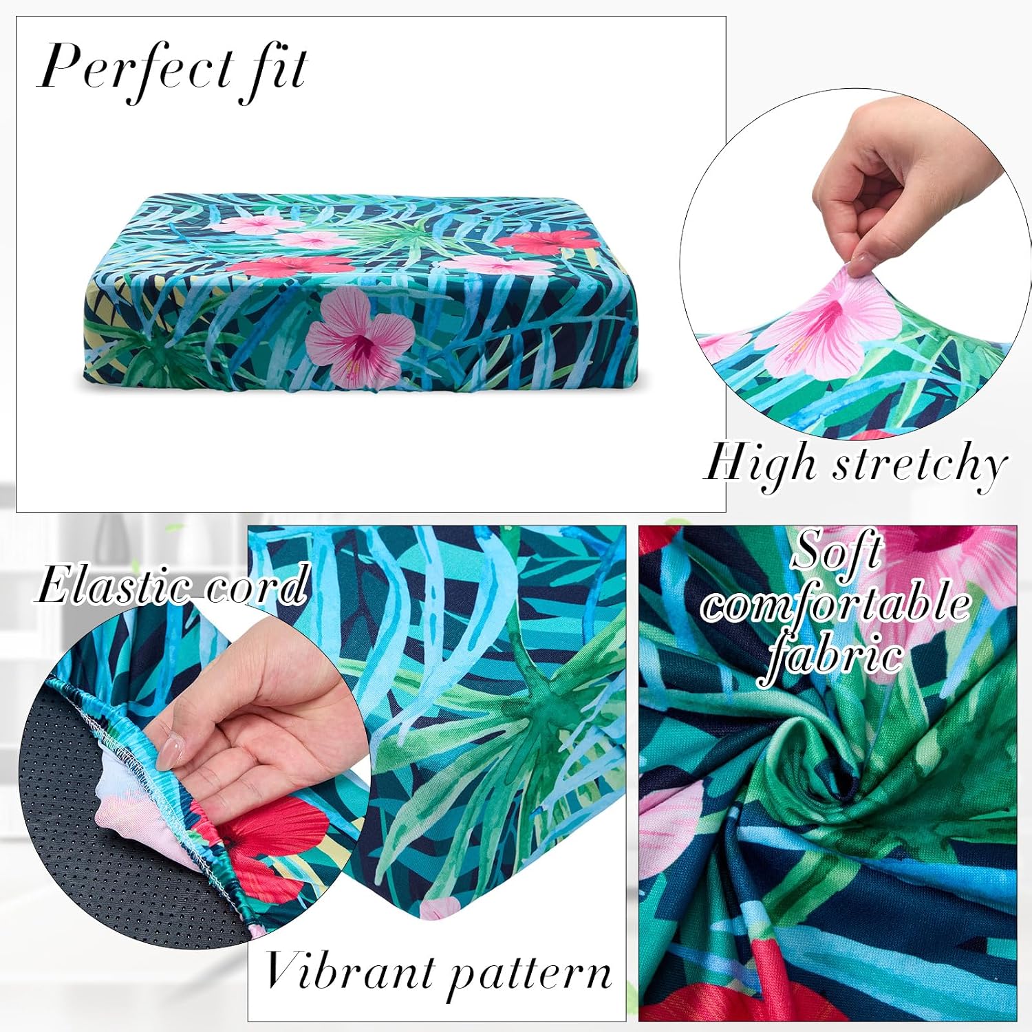 Newwiee Set of 4 Stretch Patio Cushion Covers Sofa Couch Seat Chair Slipcovers Cushion Cover Replacement Furniture Protector for Pets Washable(Tropical Leaf,Seat Cover,Print Style)