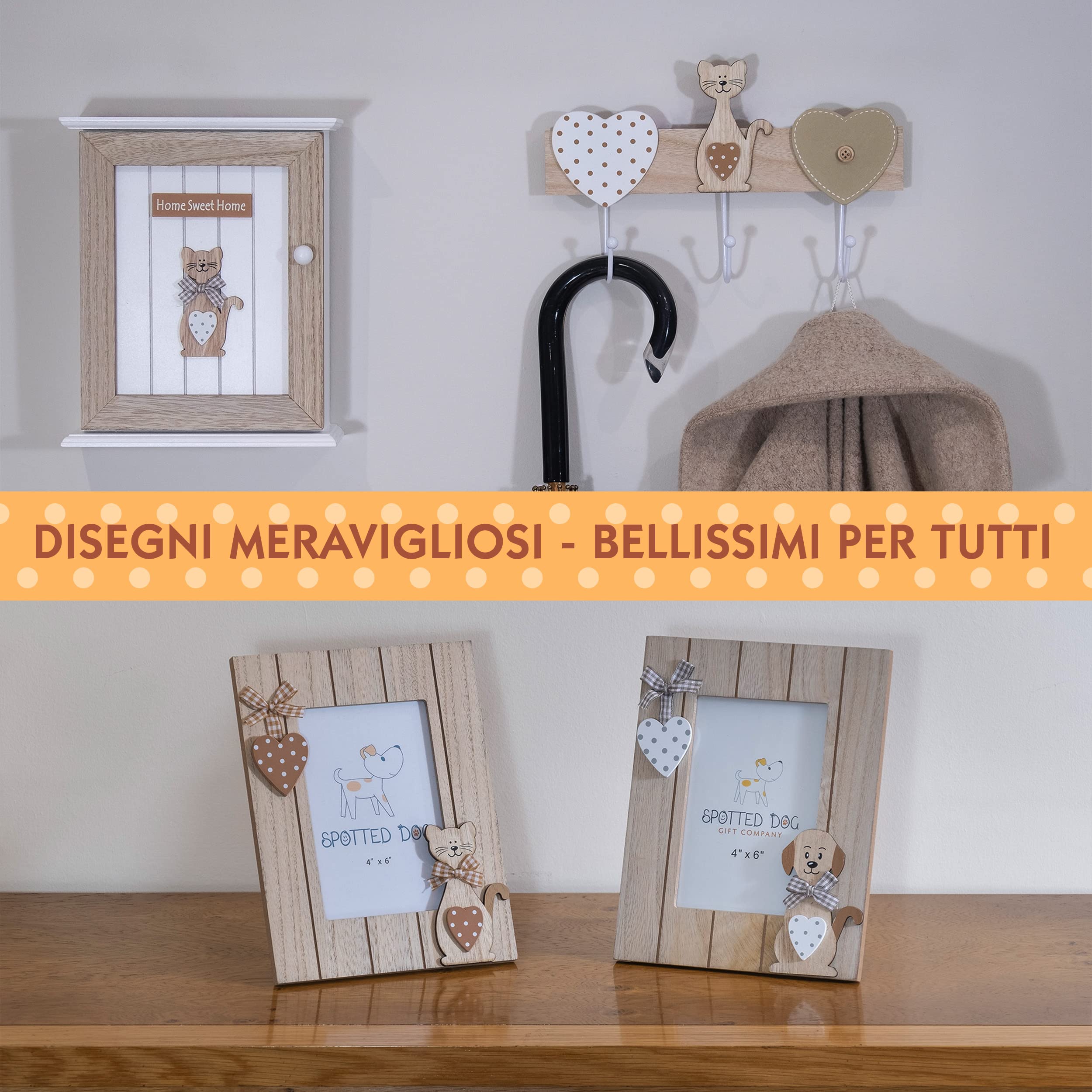 SPOTTED DOG GIFT COMPANY - Armadietto portachiavi da parete con motivo gatto e scritta Home Sweet Home - decorazione per l'ingresso - con 6 ganci - in legno - naturale/bianco