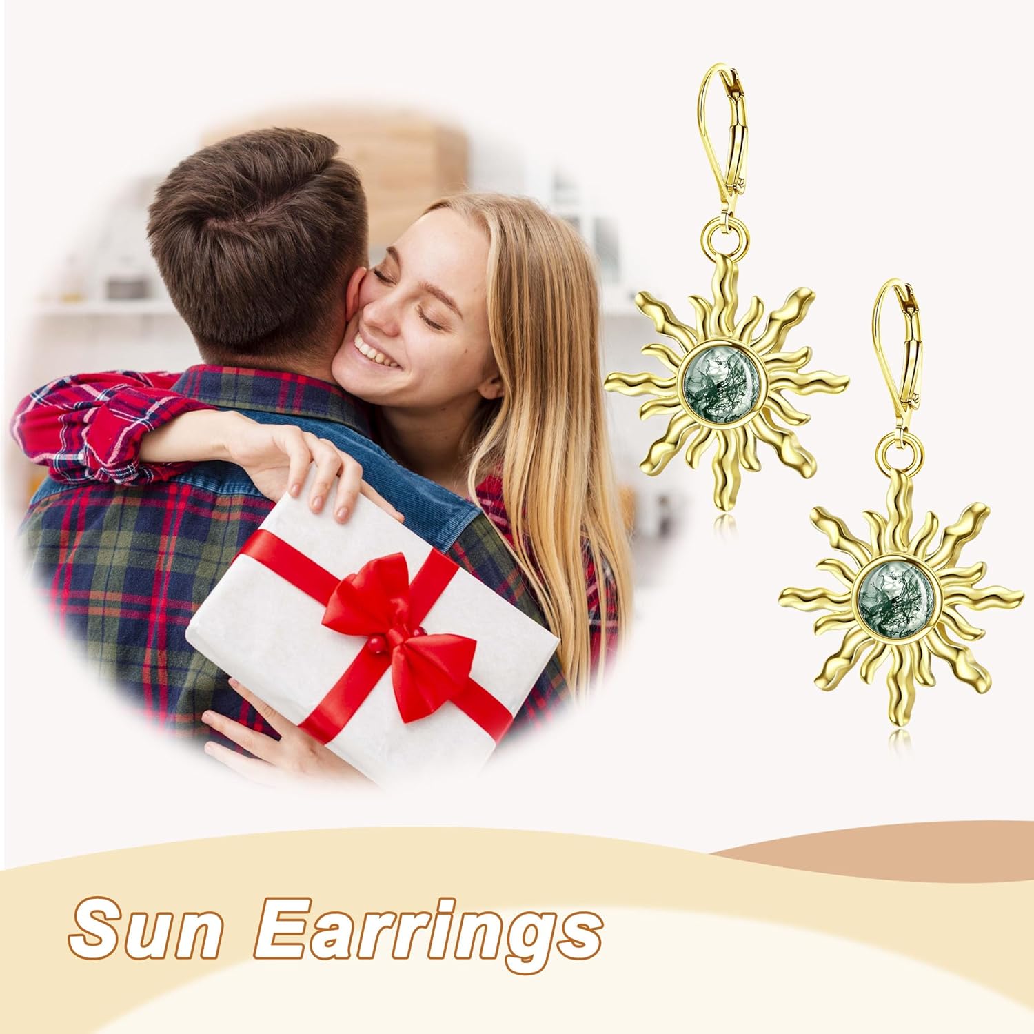 Sun Dangle Earrings Moss Agate Leverback Earrings Sun Jewelry for Women - Image 6
