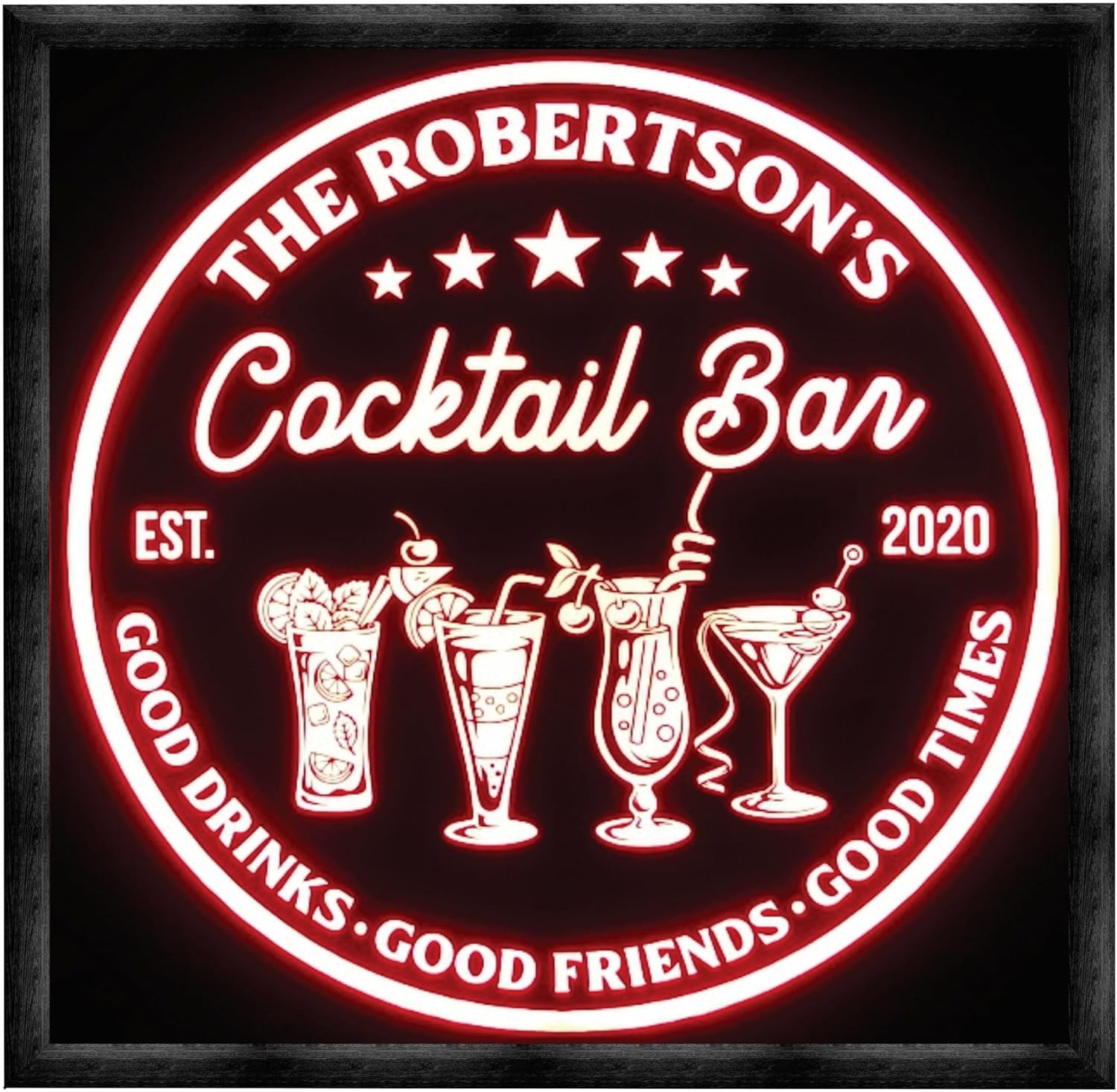Personalized Cocktail Sign LED – Custom Mixology Wall Decor with Martini and Tropical Drinks Design – RGB Remote Control Wood Frame – Home Bar or Lounge Decor – 12x12 - by Bones & Smoke Co