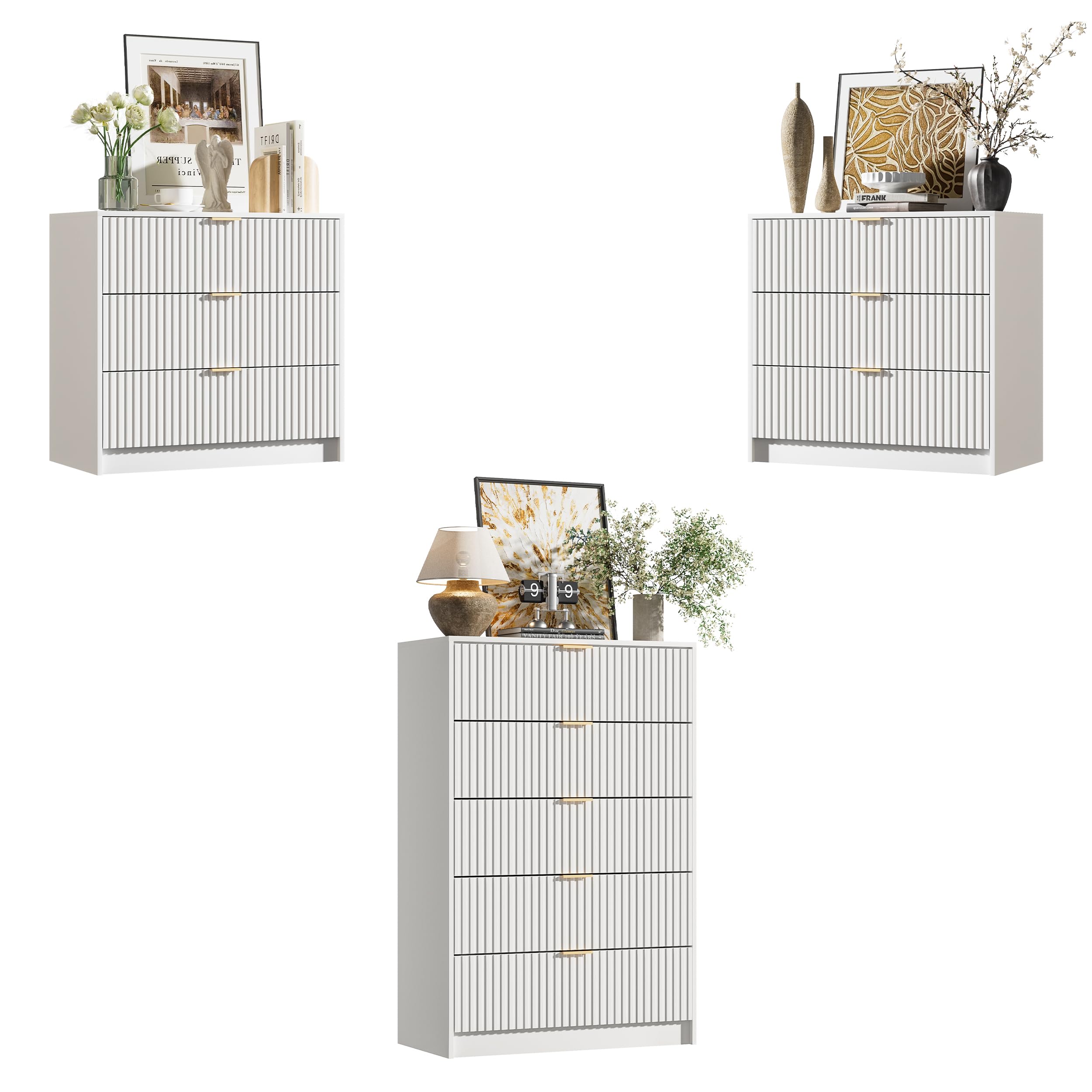 3 Piece Modern Bedroom Set, 5 Drawer Dresser with 2 Nightstands, White