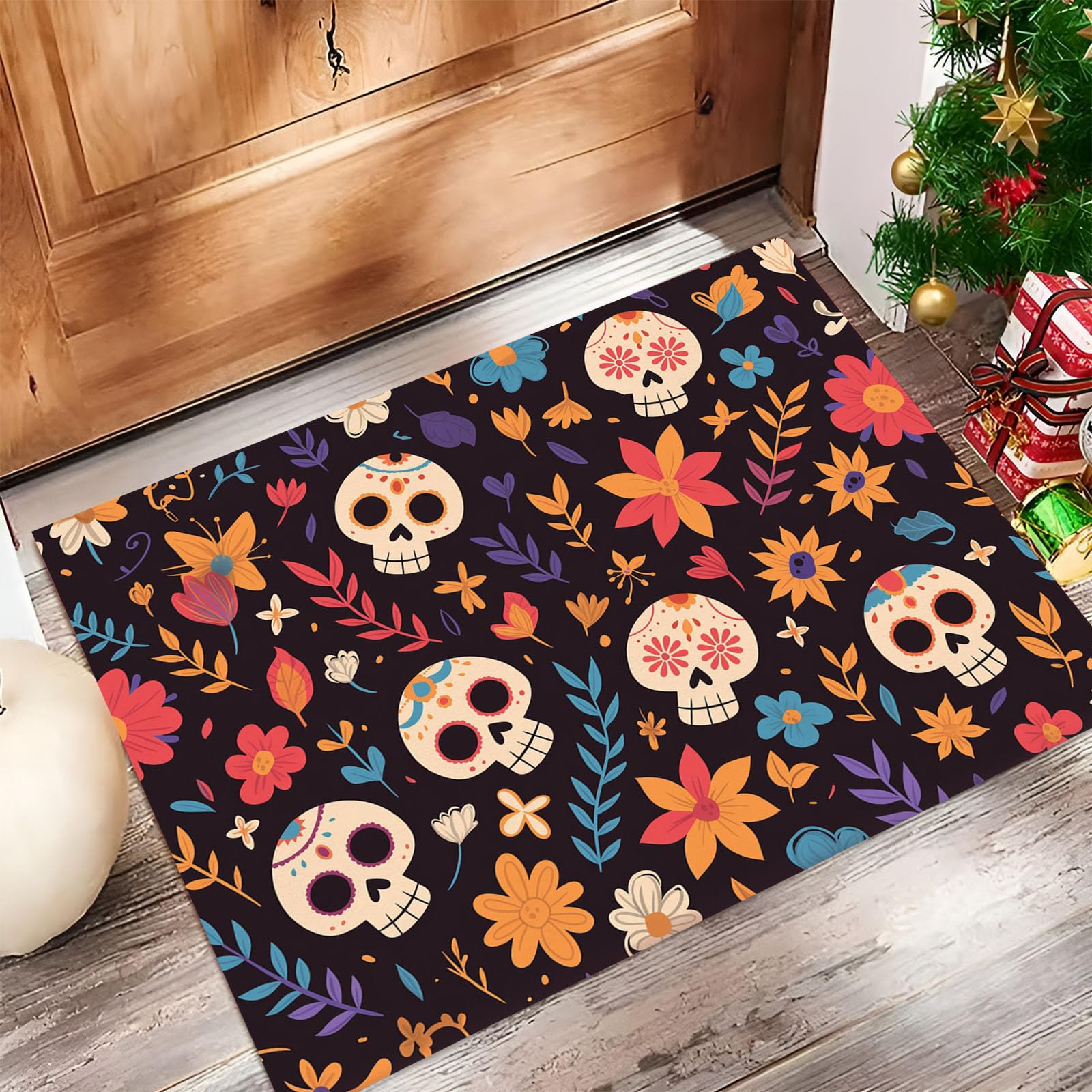 Felpudo de entrada de calavera mexicana (50x80 cm), alfombrilla negra lavable para cocina y pasillo