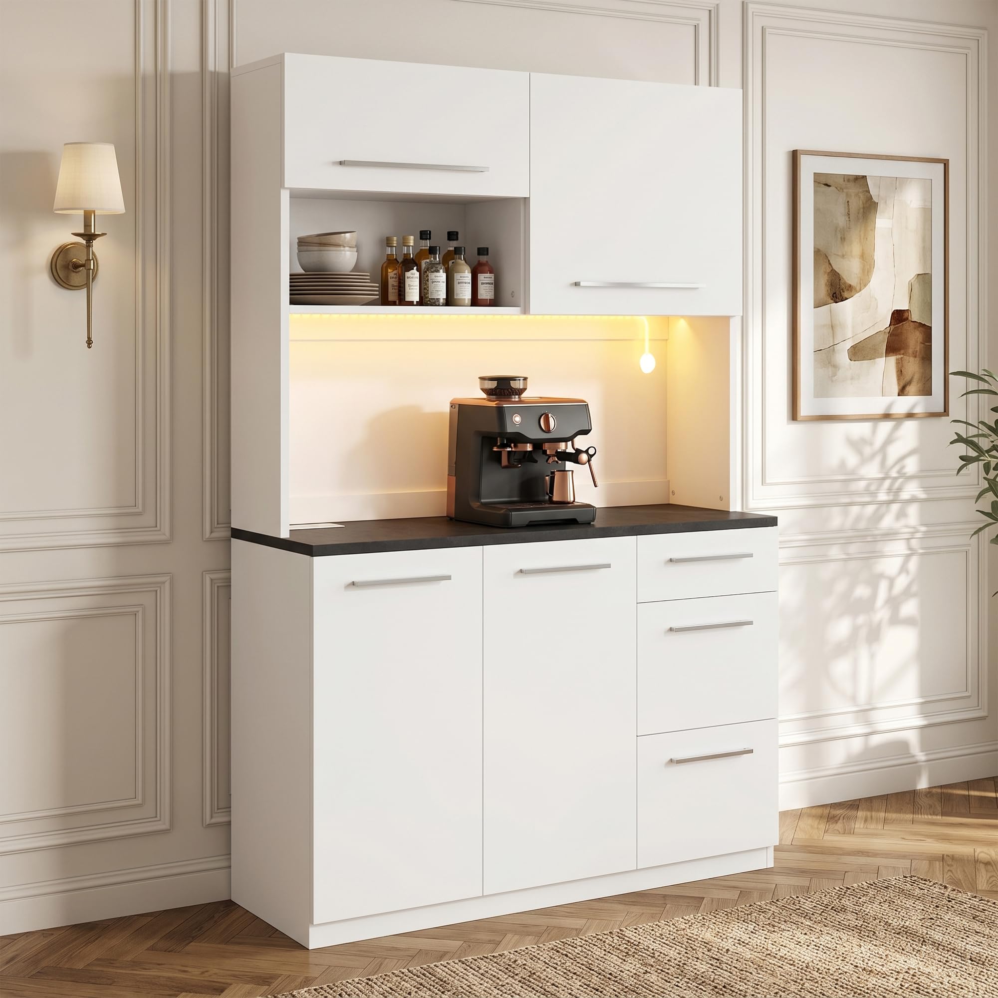 Küchenschrank mit Arbeitsplatte und LED-Beleuchtung und USB, Weiß
