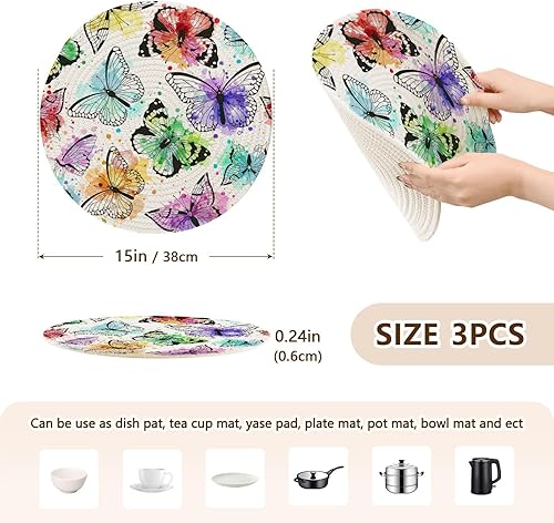 Miniatura 2 de 3 Pcs Nonslip Trivet Silhouettes Butterflies Watercolor for Hot Pots and Pans 15in Cotton Thread Weave Heat Resistant Table Mats for Teapot Kitchen