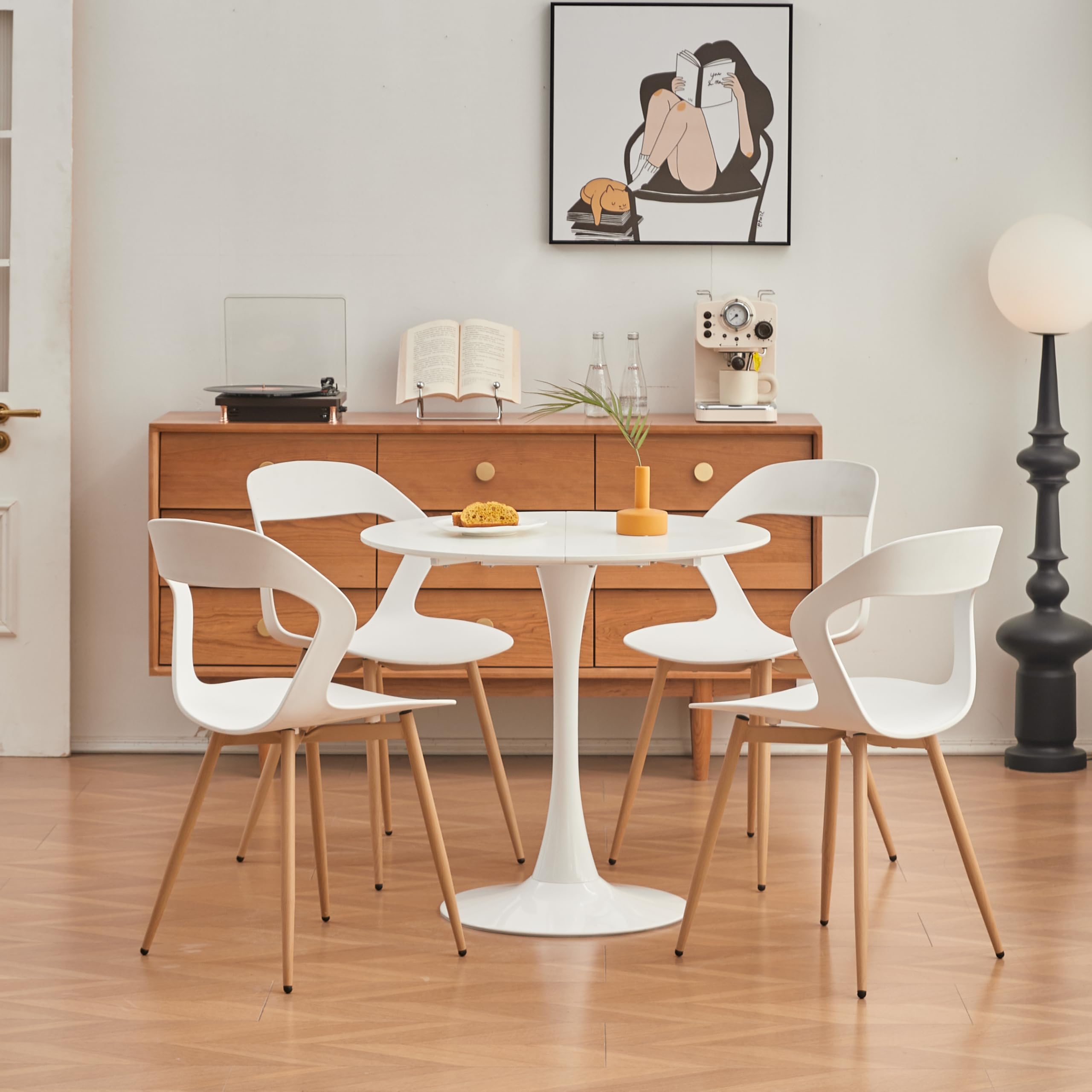 Juego de 6 sillas de Comedor, Sillas de Cocina, Respaldo Hueco, Patas de Hierro de Grano de Madera Resistentes y duraderas (Blanco, 6)