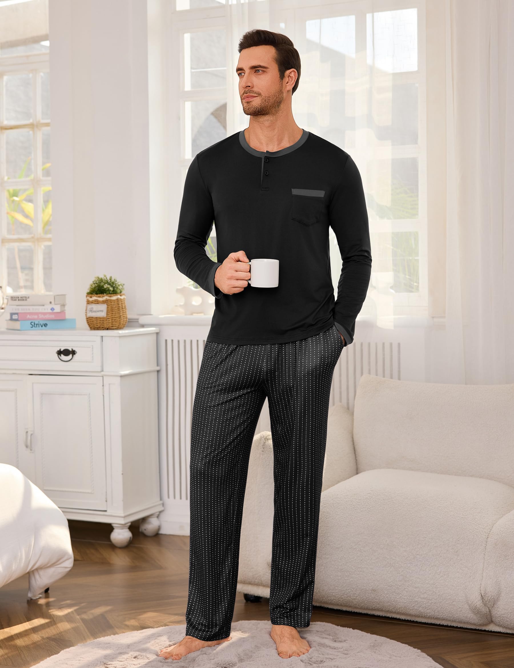 Pijama Hombre Invierno Algodón Manga Larga Bolsillos | Conjunto de pijama cálido para hombre en algodón suave, camiseta manga larga y pantalón con cordón y bolsillos.