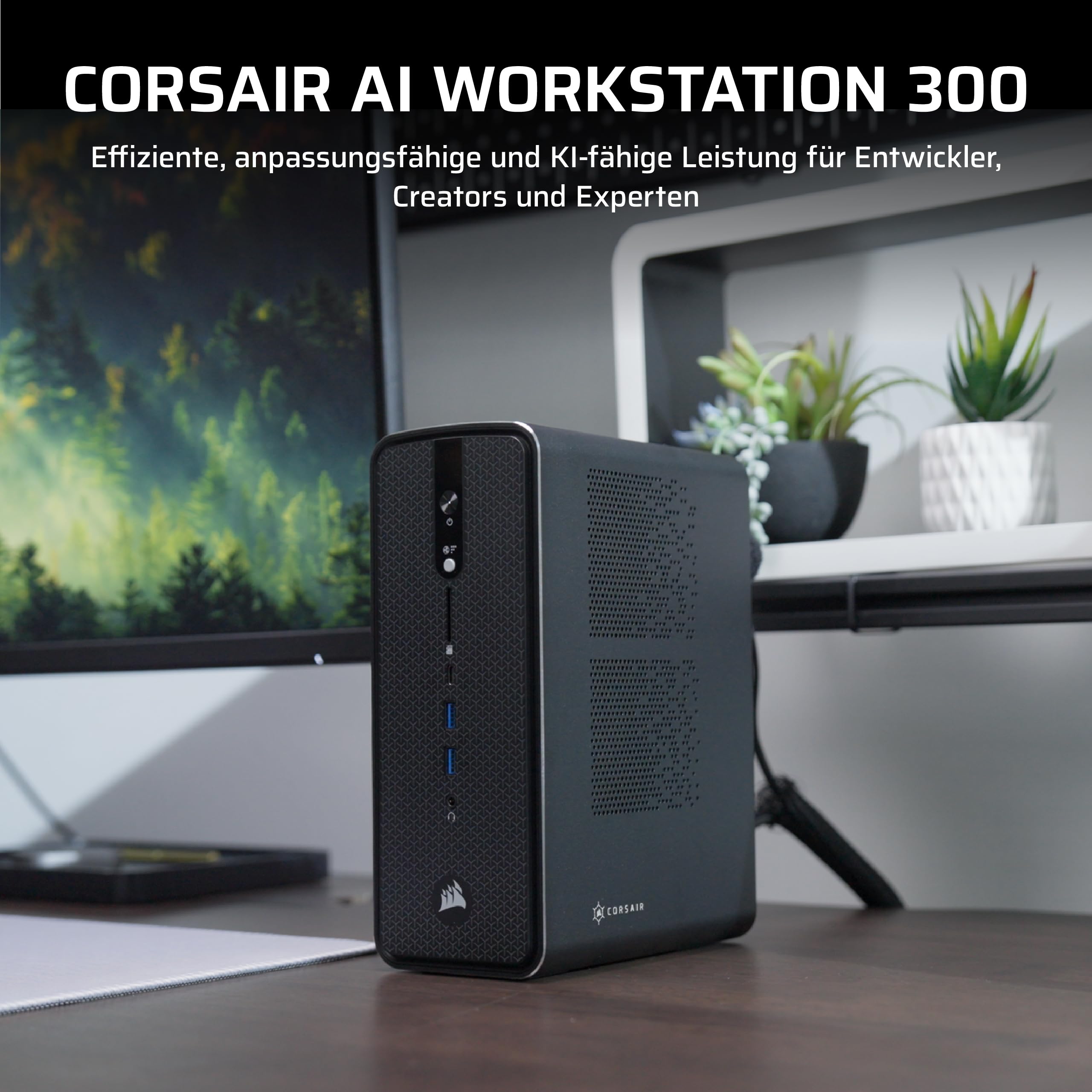 Corsair AI Workstation 300 Desktop-PC – Schwarz | AMD Ryzen AI Max 385 CPU, AMD Radeon 8050S iGPU (Up to 48GBs vRAM), 64GB LPDDR5X 8000MHz Speicher, 1TB M.2 SSD