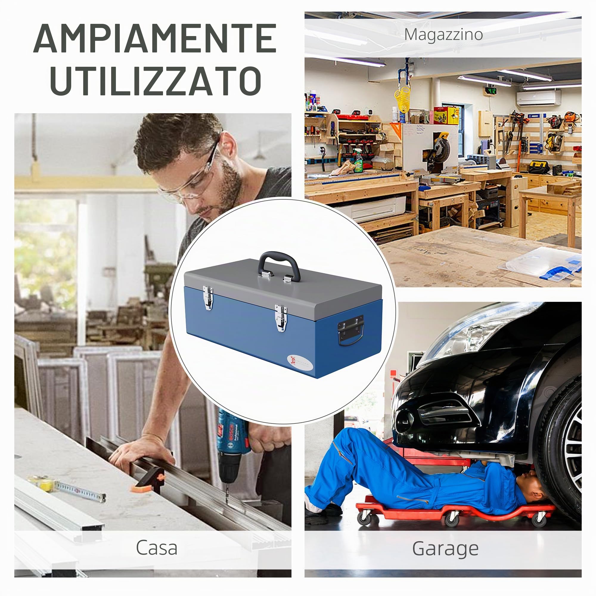 DURHAND Cassetta attrezzi portatile in metallo 50x26x18,5 cm blu | 3 maniglie, 2 chiusure.