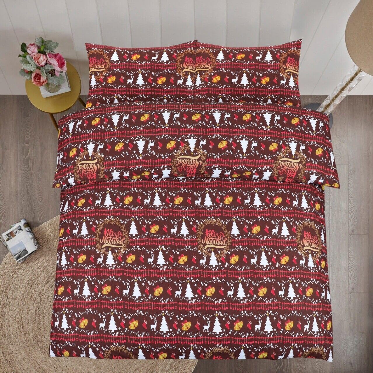 KD HOME EVERYTHING YOU NEED Luxury Christmas Duvet Cover Set with Pillowcases – 3D Santa Claus, Snowman & Festive Designs – Soft Cotton Blend Soft Fabric Bedding for Xmas Gift (Feliz Navidad, Double)
