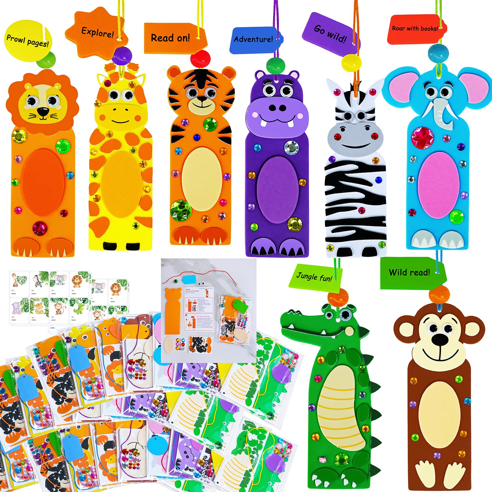 Winlyn 32 Sets Jungle Animal Crafts Kits DIY Jungle Safari Zoo Wild Animal Bookmarks Decorations Art Set Tiger Lion Zebra Foam Stickers for Kids Party Favors Classroom Activities Reading Rewards