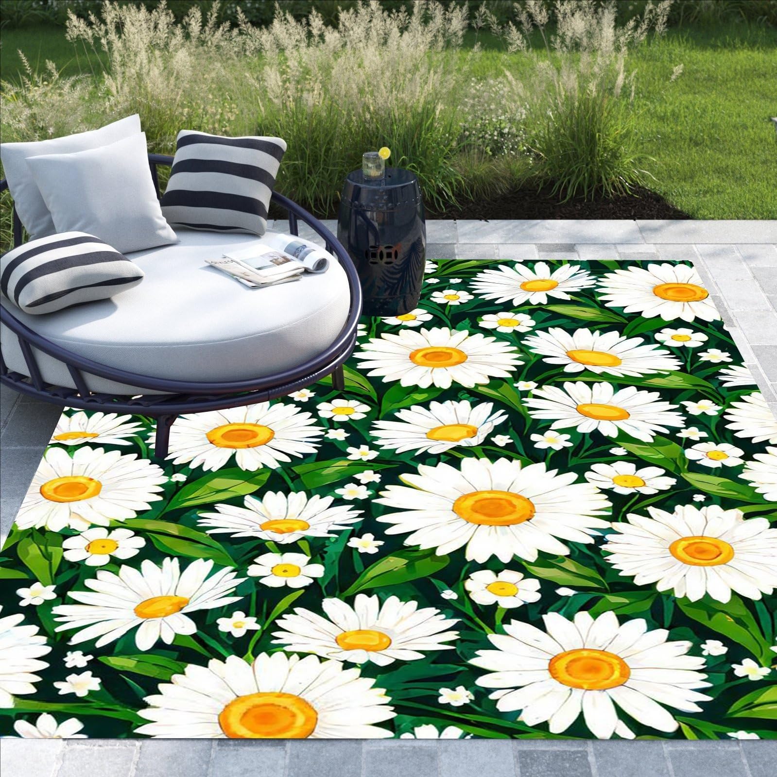Yellow White Green Waterproof Outdoor Area Rug with Daisy Print Pattern for Porch Patio Balcony Garden Machine Washable Non Skid Outside 4x6 Carpet in