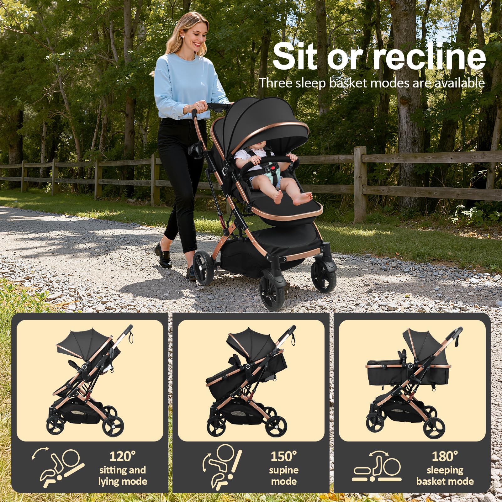 Poussette Nouveau né 2 en 1 avec, Couffin Réversible, Pliable, 0-36 Mois | siège réversible, 3 positions inclinables, pliable une main, harnais 5 points, UPF, amortisseurs, 40kg, Siège Hauteur 50cm