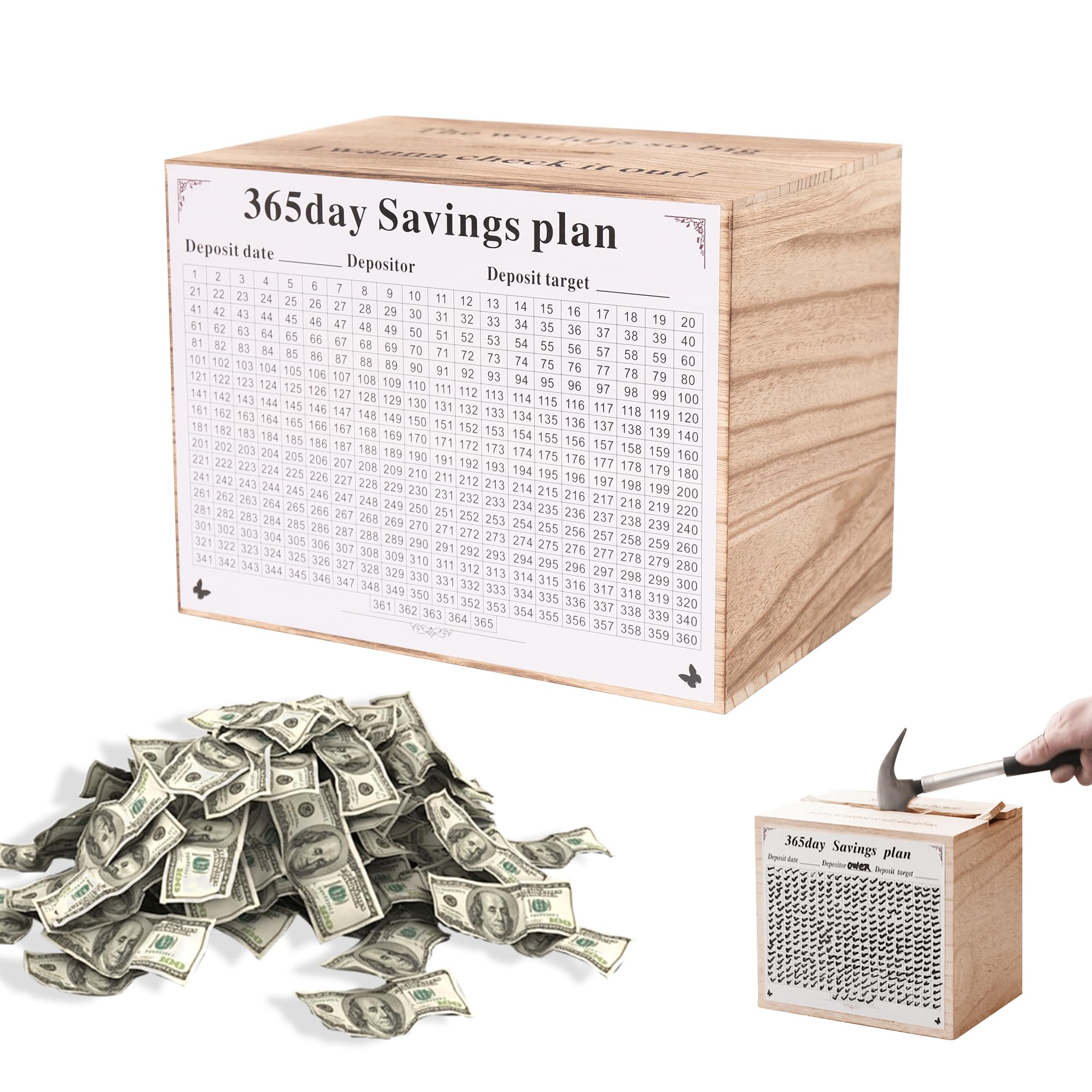 Piggy Bank for Kids and Adults, Wooden Money Saving Box for Cash, Unbreakable Piggy Bank for $10000 $5000 $3000 $1000 $800 $500 Target Money Saving Challenge.(Burly Wood)