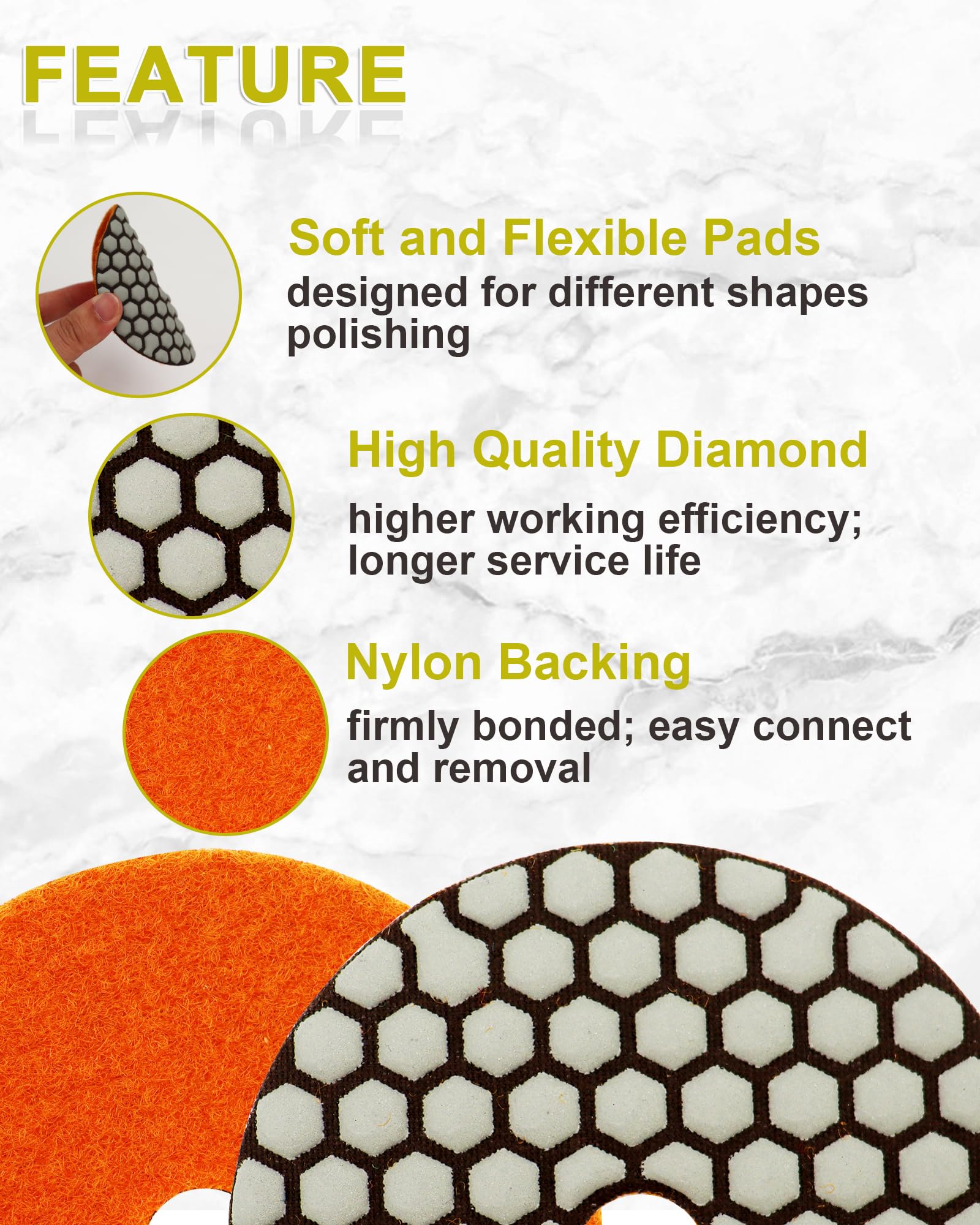 Diamantato Tamponi di Lucidatura Secco - 100mm 8pezzi Grana 50x3/100x3/200x2 con M14 Platorello+Adattatore per Granito Marmo Pietra Artificiale Quarzo per Smerigliatrice Angolare SANLEETEK