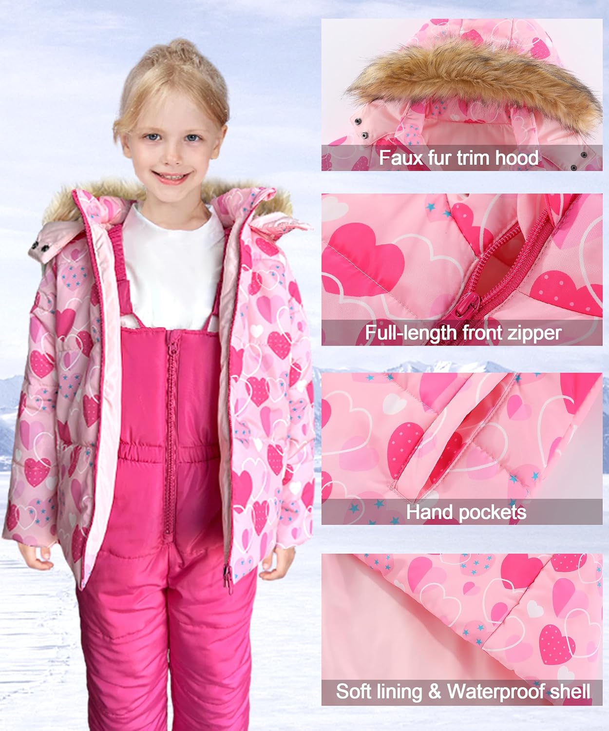 Hiheart Girls 2 Piece Snowsuit Warm Hooded Ski Jacket and Pants Set