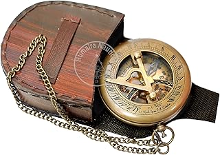 Brass Sundial Compass with Leather Case and Chain - Push Open Compass - Steampunk Accessory - Antiquated Finish - Beautiful Handmade Gift -Sundial Clock