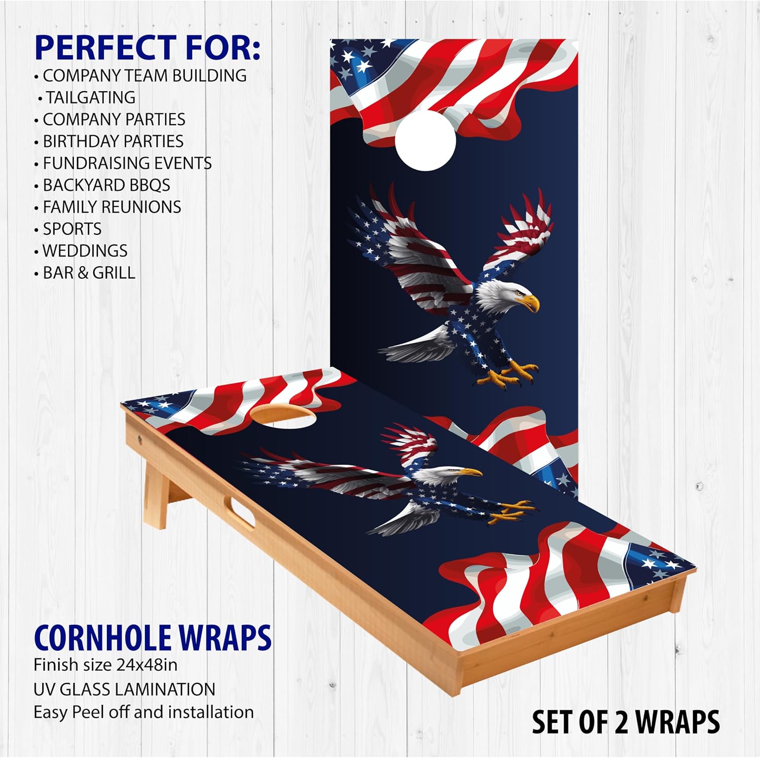Cornhole Board Wraps USA Flag Designs - 24" x 48", Laminated Vinyl Classic American Flag - Easy to Apply, Pre-Designed Skins for Indoor & Outdoor Game (Set of 2)