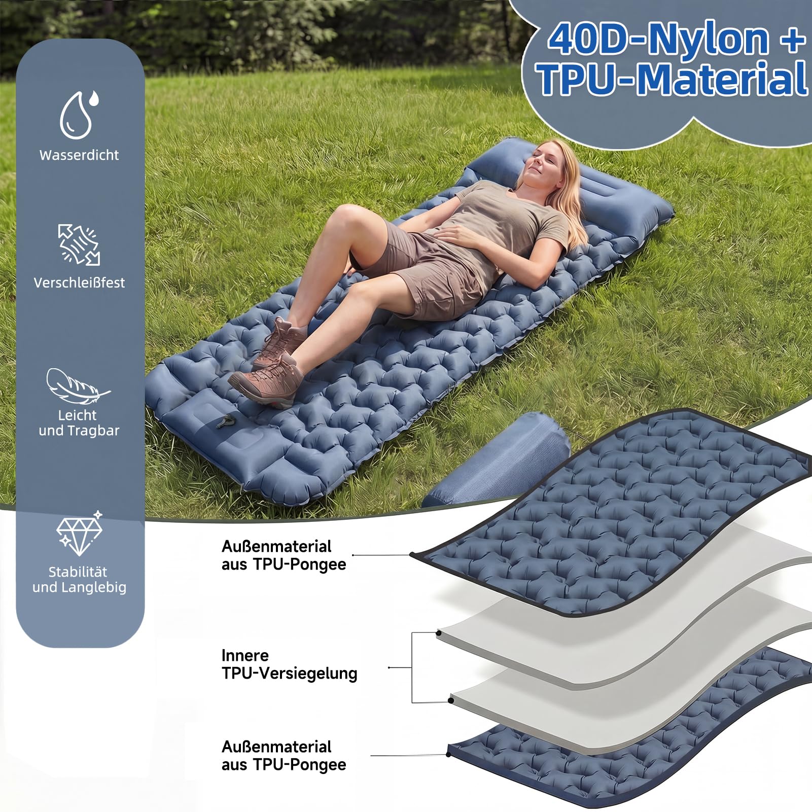 Materassino da campeggio oversize – Materasso gonfiabile ultraleggero extra largo e lungo 197 x 80 x 10 cm, con pompa a pedale e cuscino integrato in TPU 40D, piccolo ingombro per esterni e tenda (blu