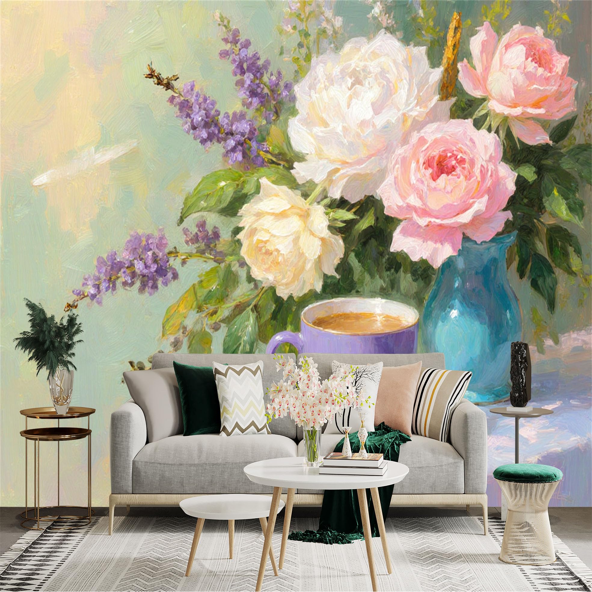 Custom Size Wall Sticker Mural， Impressionist Oil Painting Style， Blooming Peonies and Roses in Vase， Elegant Purple Teacup， Still Life Floral Art， for wall Decoration， peelandstick wall Decals.