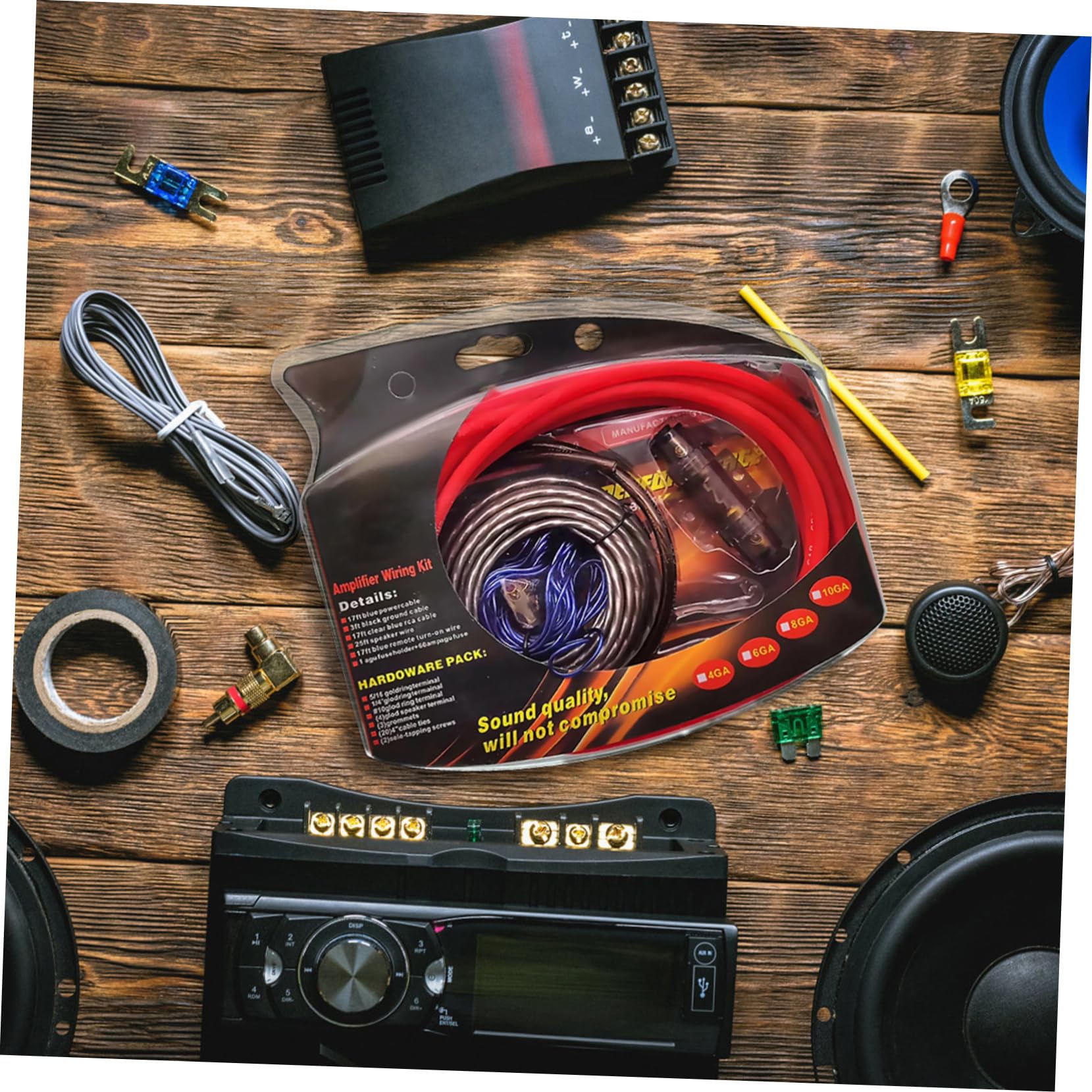 UKCOCO Kit de Câblage Solution Complète Amplificateur de Voiture pour 4 Gauge, Connecteurs RCA, Porte-fusible pour Système Audio Auto