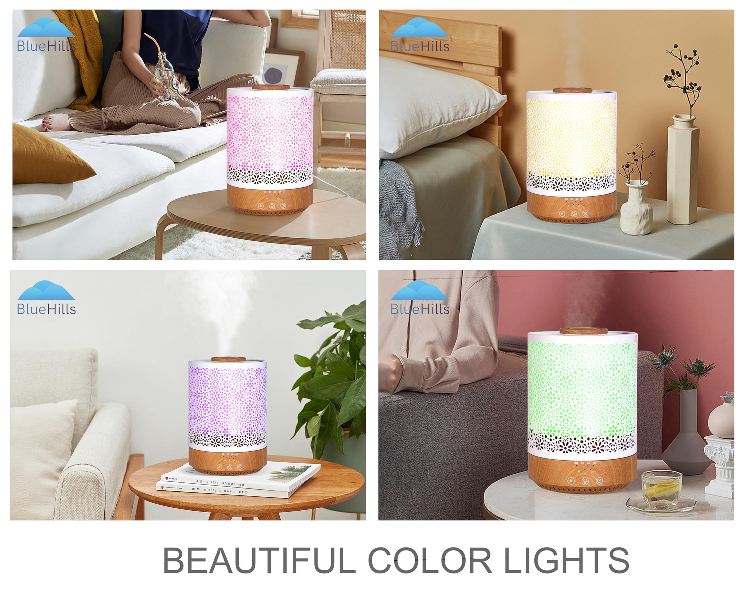 BlueHills - Humidificador de 2500 ml con difusor de aceite esencial, diseño de decoración del hogar para cama grande, baño, niños, sala de estar, luces LED de gran capacidad, aroma ultrasónico, niebla