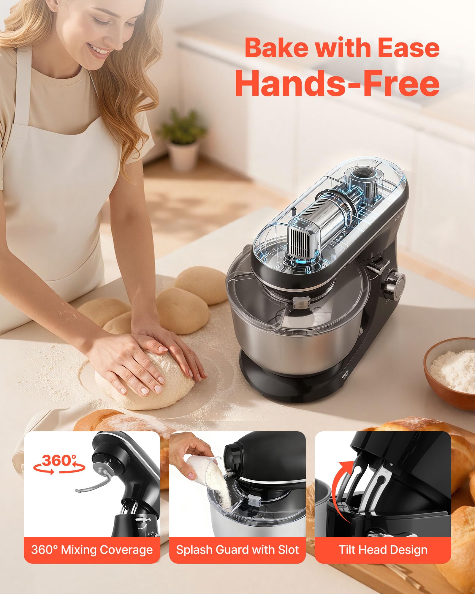 VEVOR Batidora de Masa de 5,68 L, Batidora de Alimentos con Cabezal Inclinable de 1400 W y 6 Velocidades, Tazón de Acero Inoxidable, Gancho para Masa, para Hornear, Mezclar, Negro, 456 x 240 x 332 mm