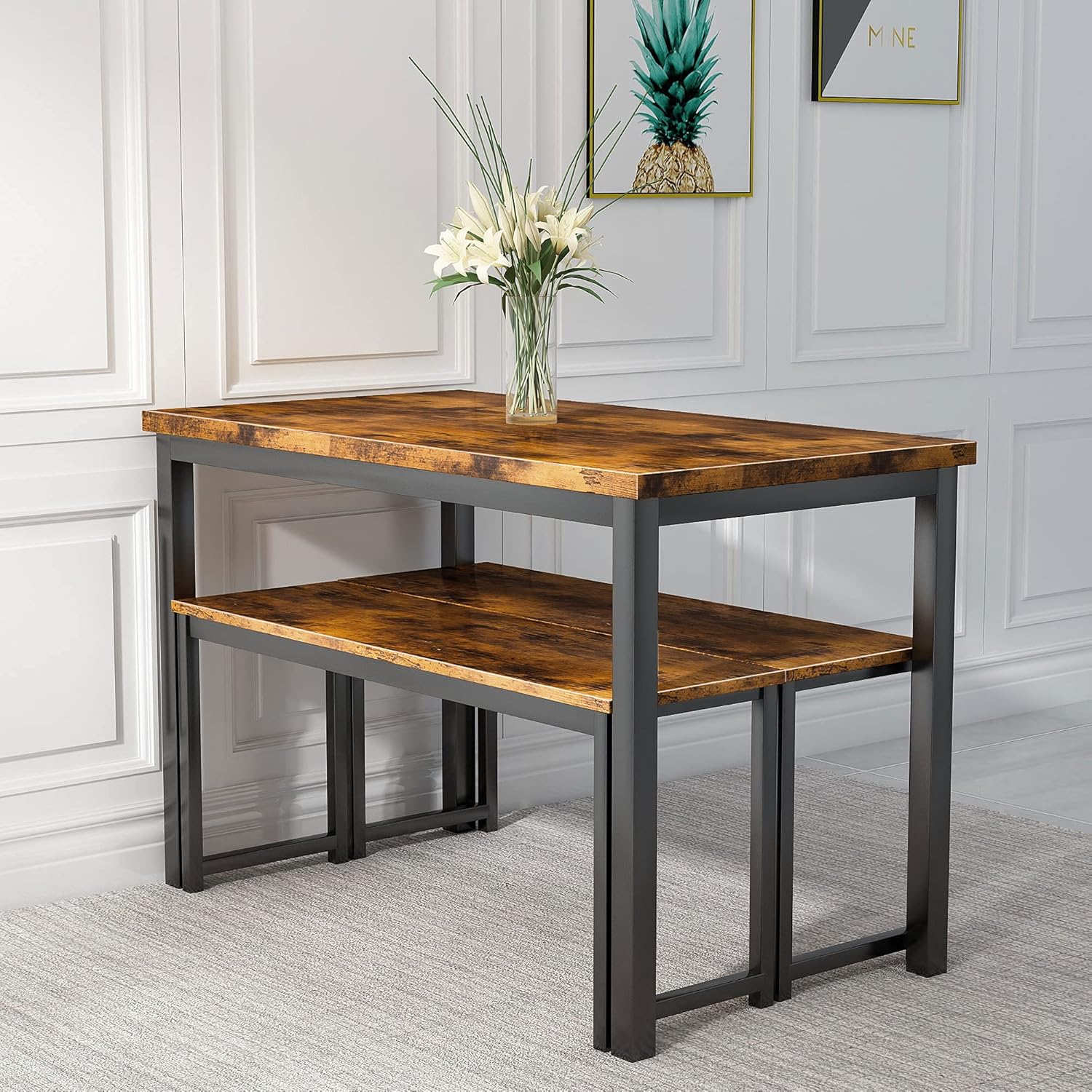 AWQM Dining Table Set with Two Benches, Kitchen Table Set for 4-6 Persons, Kitchen Table of 43.4 x 23.7 x 28.6 Inches, Bench of 38.6 x 11.9 x 17.6 Inches Each, Rustic Brown and Black - Table & Chair Sets