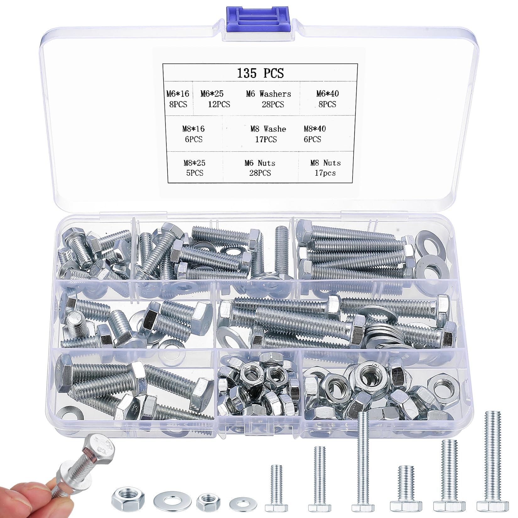 135 Pcs M6 M8 Bolts and Nuts Set, Assorted Nuts and Bolts Assortment, Hex Head Screw Assortment Kit, Hex Head Bolt and Nut Set with Washers, Machine Screws for Bike Auto Daily Repair