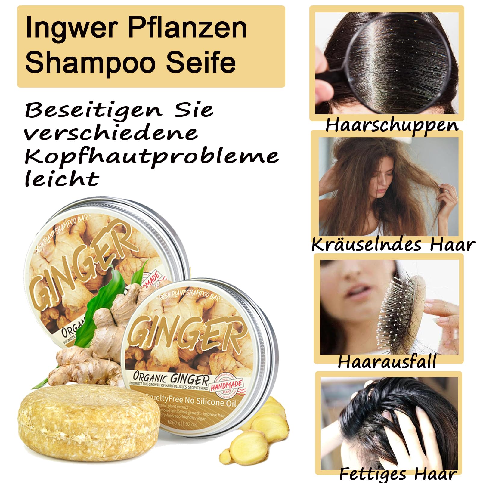 Barre de shampooing au gingembre, anti-chute de cheveux, savon à base de plantes, gingembre naturel bio