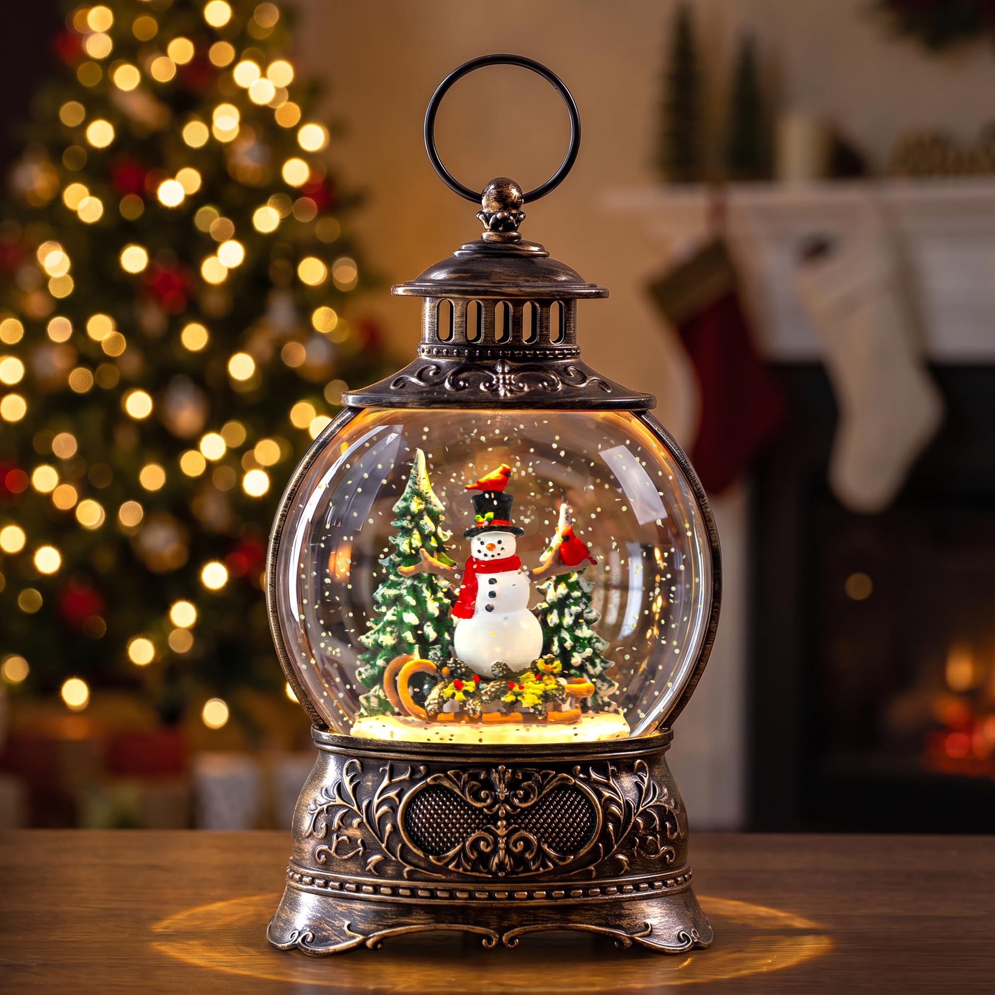 Christmas Snow Globe Lantern Water Glittering Snowman &amp; Cardinal with Music, USB Lined/Battery Operated Lighted Lantern for Christmas Festival Decoration Gifts