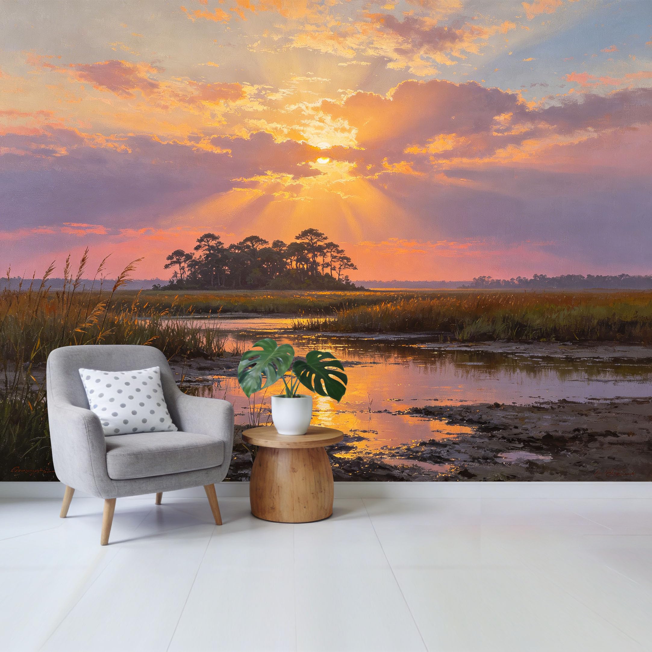 Custom Size Wall Mural Coastal Sunset Landscape with Golden Sky Reflection Over Marsh Removable Self Adhesive Fabric Home Wall Decor for Living Room Bedroom Bathroom
