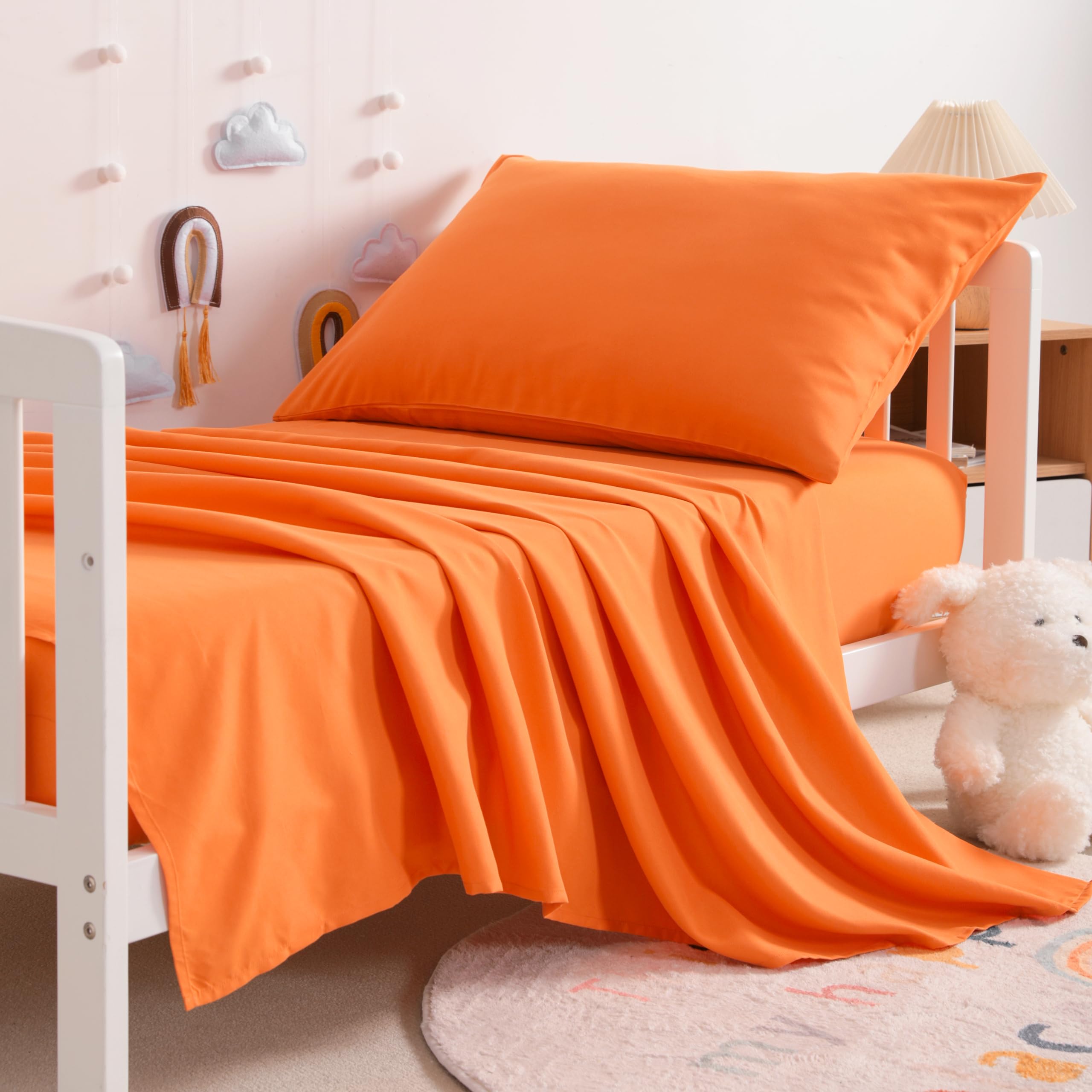 NTBAY Toddler Sheet Set - 3-Piece Microfiber Crib Sheet Set - Flat Sheet, Fitted Sheet, Pillowcase - Solid Toddler Bedding, Orange