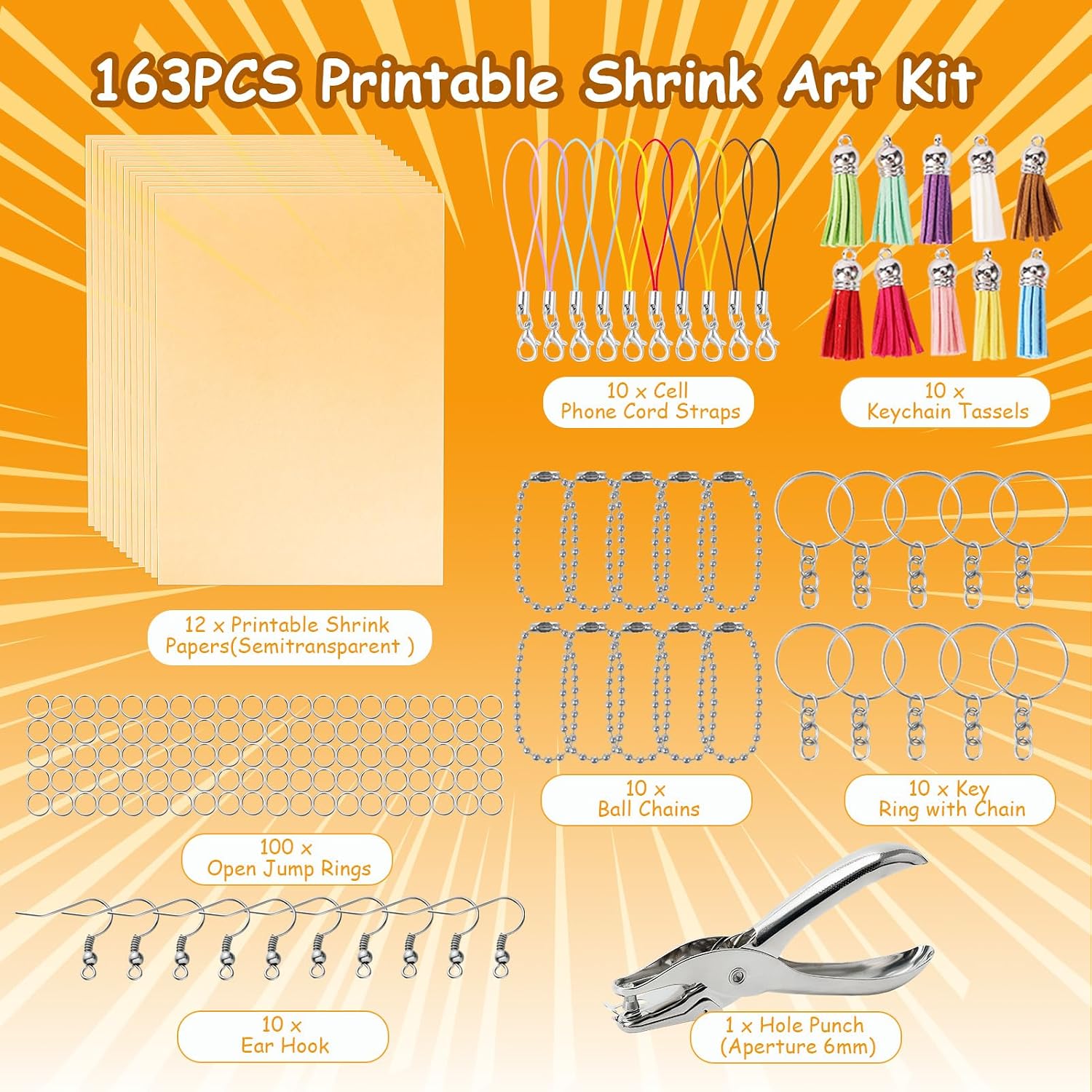 Auihiay Printable Shrink Sheets Dink Kit, 12PCS Semitransparent Shrink Papers with Key Rings, Earring, Lanyards, Hole Punch Accessories for Fathers Day, DIY Keychain Making Crafts (8.5 x 11 inch)