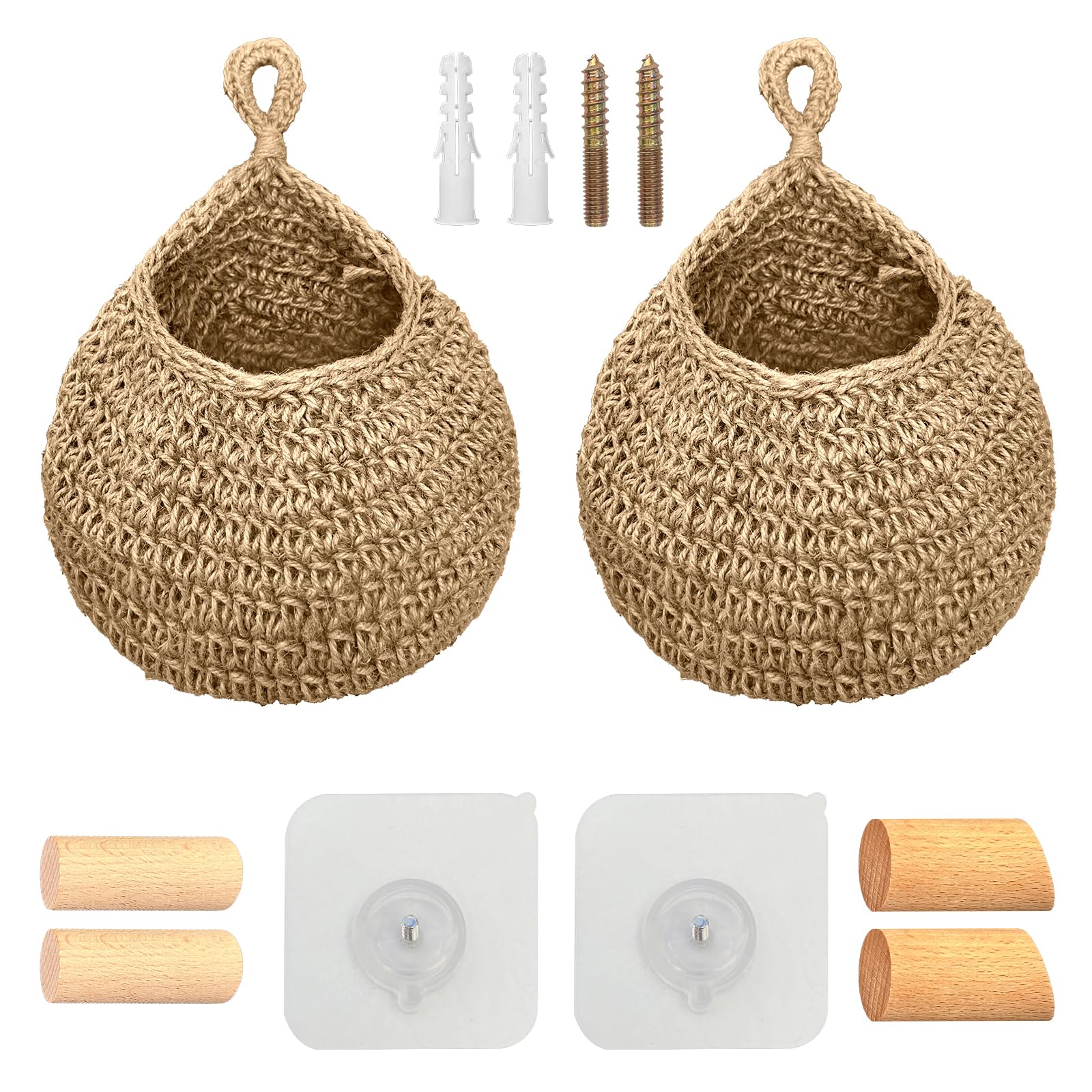 Set Di 2 Cesti Appesi In Iuta Per Dispensa Con 4 Ganci In Legno – Porta Patate, Cipolle, Aglio, Piante – Stile Bohémien - 4