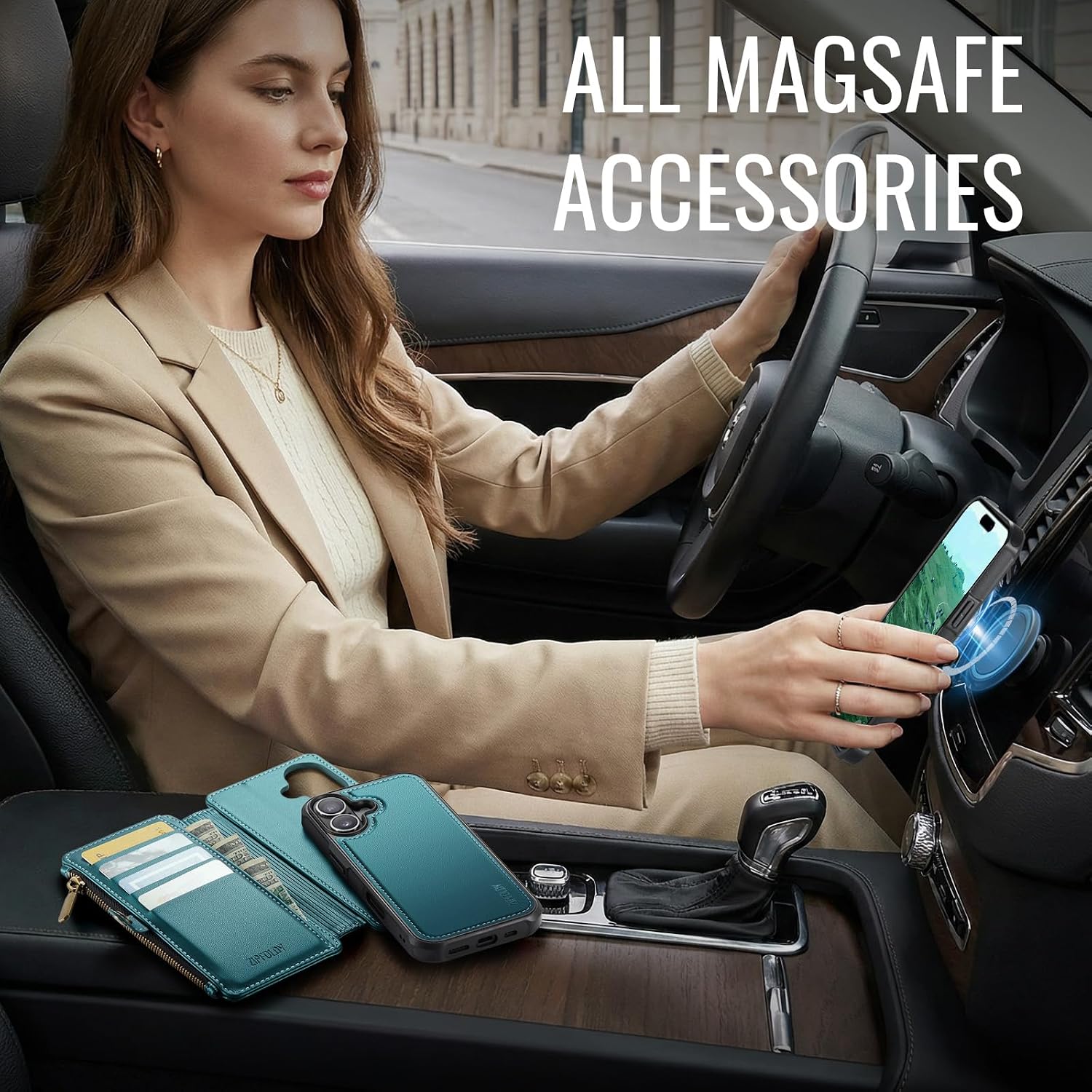 for iPhone 16 Plus - Phone Case Wallet Magnetic Detach, Turquoise image 5