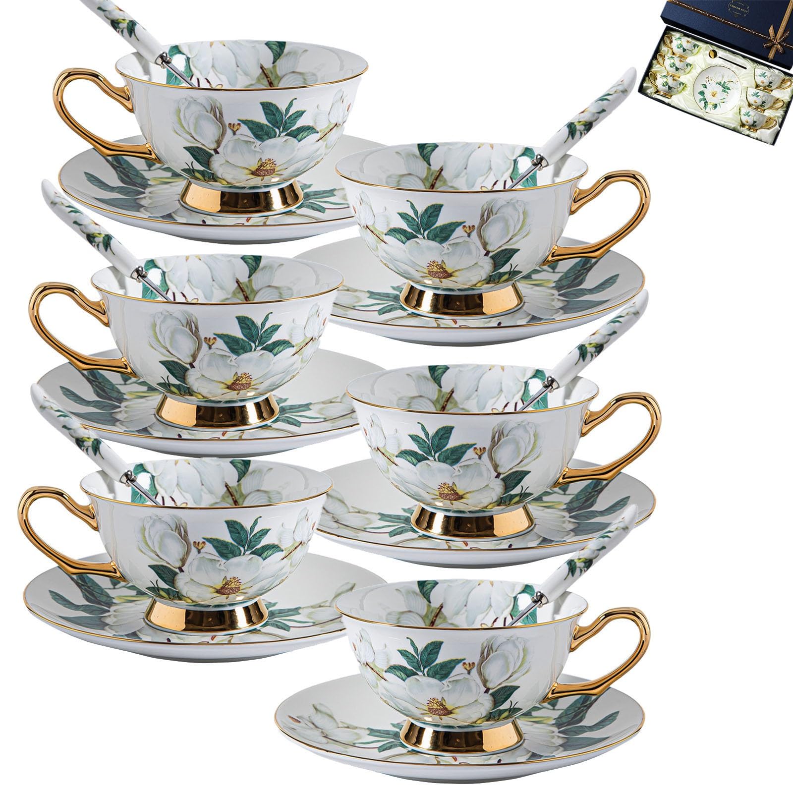 Brytyjski porcelanowy zestaw do herbaty w stylu vintage, kwiatowy ceramiczny zestaw do kawy, filiżanki i spodek dla 6 osób, retro filiżanki do kawy ze spodkiem i łyżeczką do kawy, na