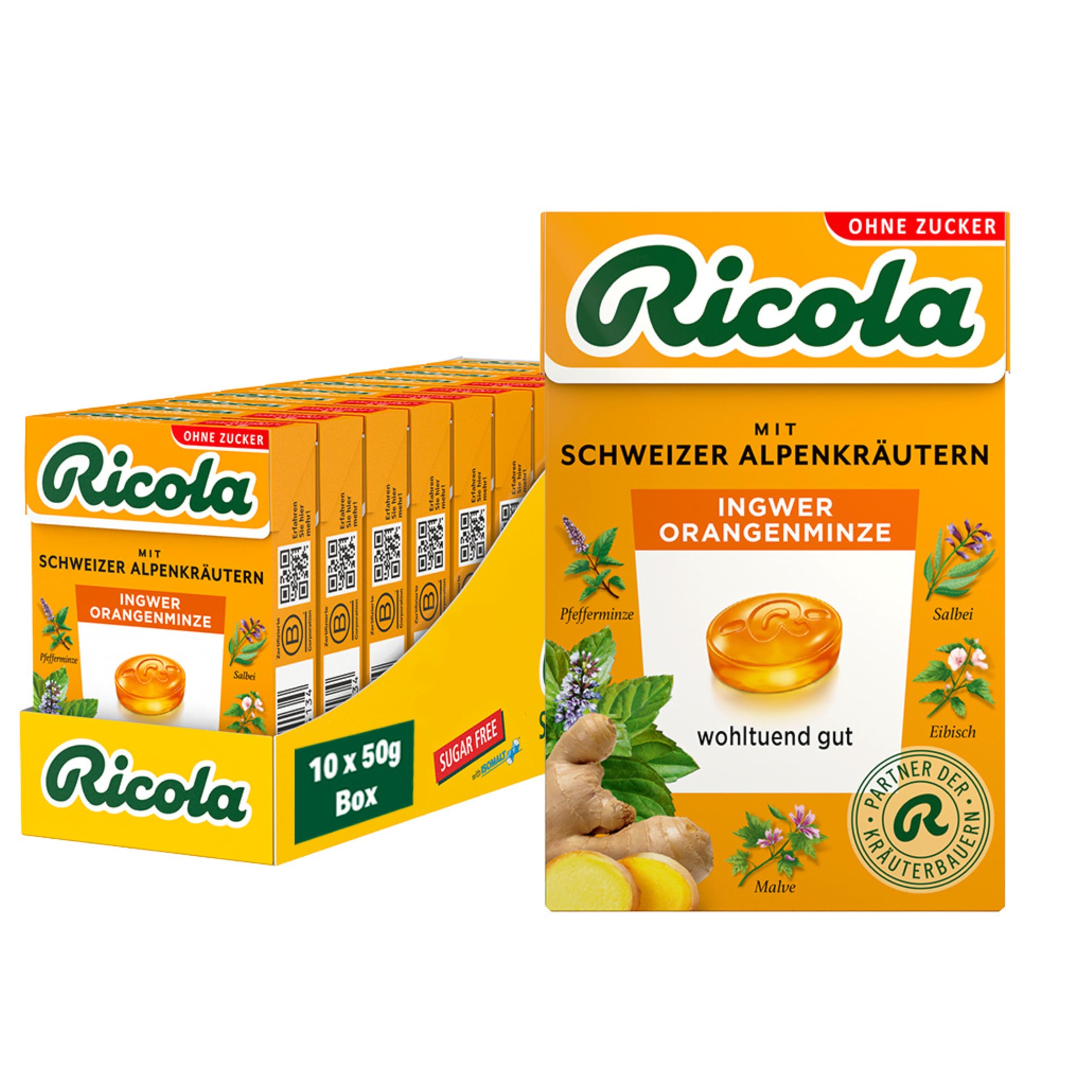 Ricola Ingwer Orangenminze, 10 Böxli Original Schweizer Kräuter-Bonbons mit 13 Alpenkräutern & erfrischendem Ingwer, zuckerfrei, 10 x 50g, vegan
