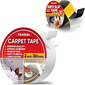 Carpet Tape Double Sided - Rug Tape Grippers for Hardwood Floors and Area Rugs & Grip Tape - Heavy Duty Anti Slip Tape for Stairs Outdoor/Indoor Black and Yellow